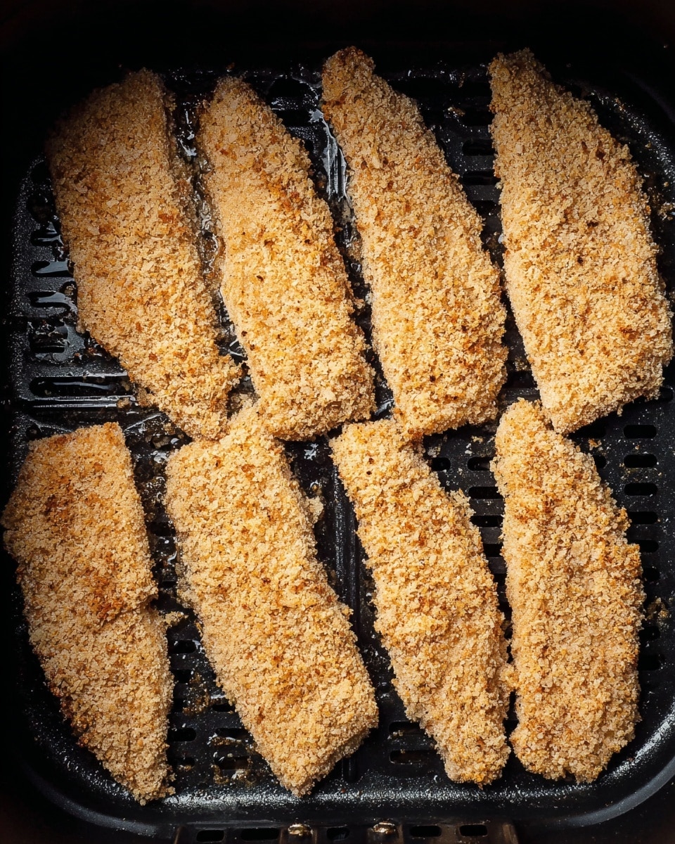 The image shows seven pieces of raw, breaded fish fillets arranged evenly in a single layer on the black grill surface of an air fryer basket. Each fillet is coated in a light golden breadcrumb mix with a coarse texture and small bits visible, covering the entire surface of the fish. The fillets are elongated and slightly curved with a rough, crunchy coating texture, and the air fryer grill below adds a shiny black base with grooves and small pools of oil around the fish pieces. The overall look is prepared but not cooked, with the breading dry and pale. photo taken with an iphone --ar 4:5 --v 7
