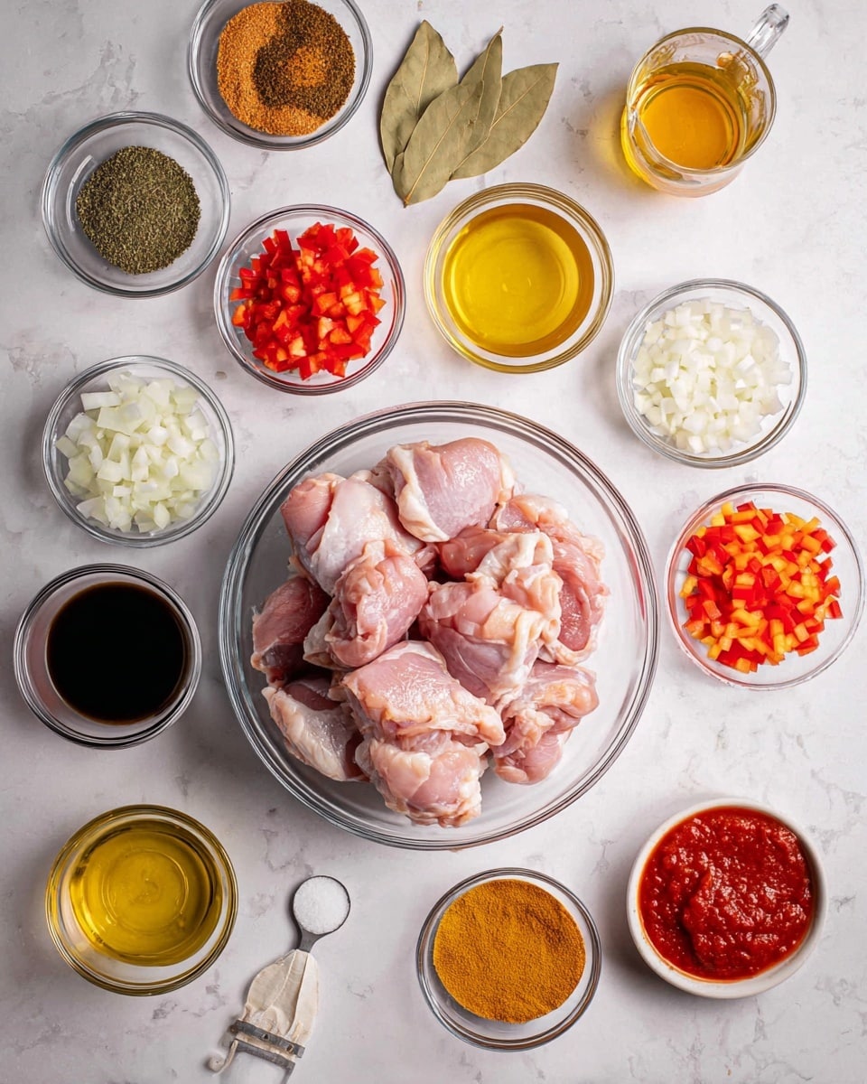 This image shows clear glass bowls and a measuring cup arranged on a white marbled texture surface. At the center is a large bowl filled with raw pink chicken thighs. Around it are smaller bowls containing finely chopped white onions, bright red chopped bell peppers, and small orange chopped peppers. There are small bowls filled with various spices showing colors like dark green dried herbs, red powder, yellow powder, light brown, and dark brown powders. Two dried bay leaves are placed near the top. Also visible are a small bowl of golden cooking oil, a measuring cup with light brown liquid, a bowl with dark brown liquid, and a bowl holding red tomato paste. Every bowl is clear glass. The scene is bright and organized, photo taken with an iphone --ar 4:5 --v 7