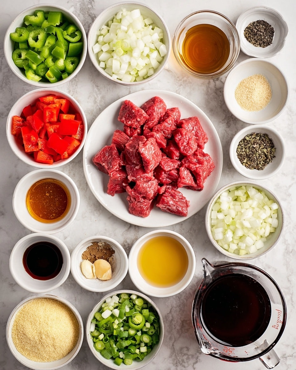 A top-down view of many small white bowls and one white plate all on a white marbled surface. The white plate holds raw red chunks of meat with a slightly marbled texture. Surrounding it are white bowls filled with chopped green bell peppers, chopped white onions, and chopped red bell peppers. Smaller white bowls contain dark brown sauce, golden oil, light brown sugar, white powder, black pepper, chopped yellow ginger, minced garlic, a thick dark sauce, sliced green onions, a reddish-brown sauce, and a light amber liquid. To the right is a glass measuring cup filled with a dark brown liquid. The scene is neat and organized, showing fresh and prepared ingredients for cooking photo taken with an iphone --ar 4:5 --v 7