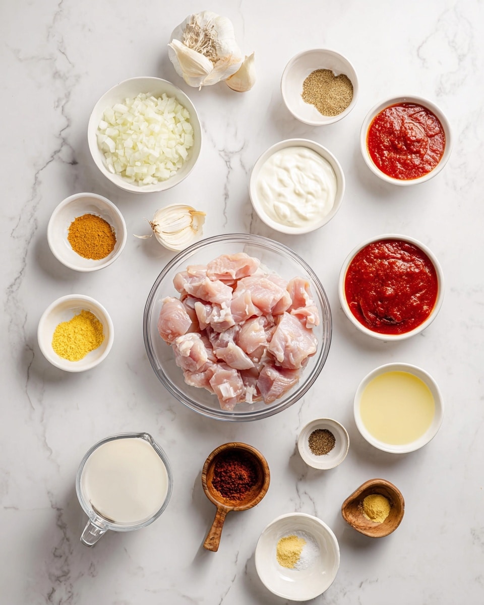 The image shows many small white bowls and two small wooden bowls arranged neatly on a white marbled surface. In the center, there is a glass bowl with raw light pink chicken pieces. Surrounding it are white bowls with finely chopped white onion, yellow grated ginger, crushed garlic, red tomato paste, red sauce, creamy white yogurt, and small amounts of brown ground spices including cumin, black pepper, and chili powder. Two small wooden bowls hold a yellow spice powder and white salt. There is also a small glass measuring cup with white liquid and a small white bowl with a pale yellow liquid. All items are evenly spaced, highlighting the colorful ingredients before cooking. Photo taken with an iphone --ar 4:5 --v 7