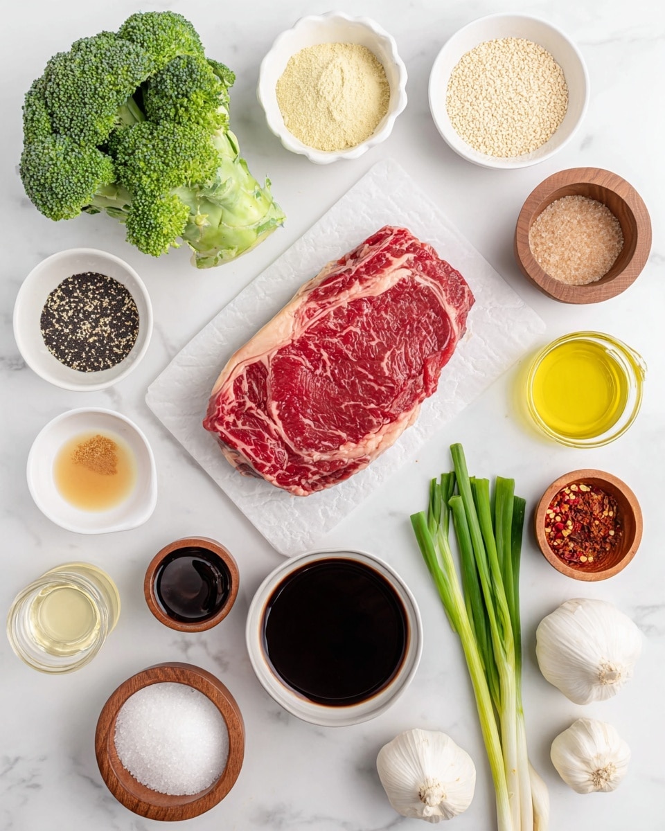 The image shows raw ribeye steak with red and white marbling placed on white foam packaging in the center on a white marbled surface. Surrounding the steak are various ingredients arranged neatly, including bright green broccoli on the upper left, a small white bowl with pale yellow powder above the steak, a small wooden bowl of white sesame seeds, a small jar of black pepper, a white bowl with thick dark brown sauce, and fresh green onions with white roots on the right. There are also two whole white garlic bulbs, a white bowl with light yellow oil, a small glass cup with clear liquid, a small white bowl with red chili flakes, a cup with dark liquid, a white bowl with dark soy sauce, a wooden bowl filled with light brown sugar, and a wooden bowl holding white powdered starch. The setup is clean and organized, showing all ingredients clearly in soft natural light photo taken with an iphone --ar 4:5 --v 7