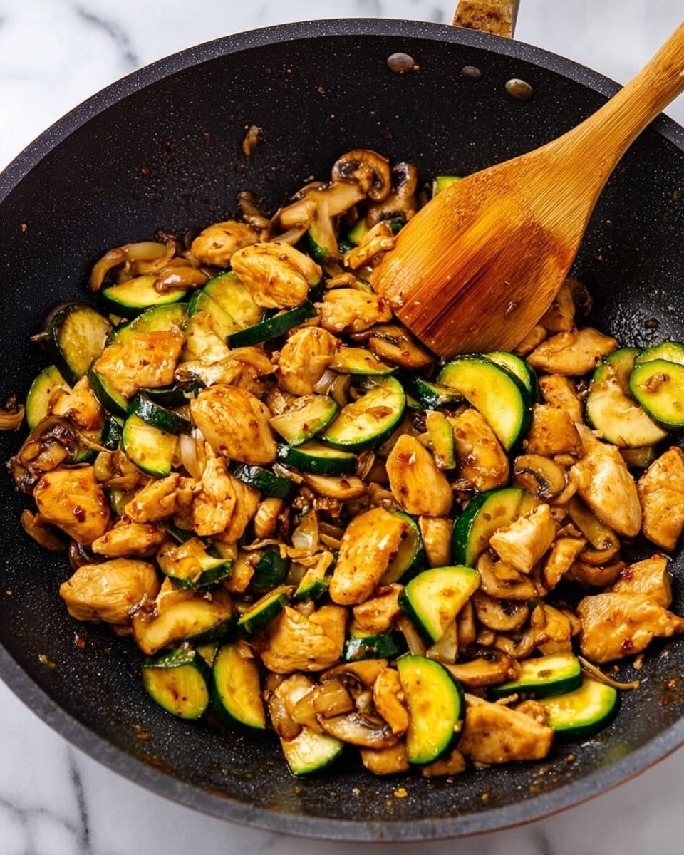 A black pan filled with cooked pieces of golden-brown chicken mixed with sliced green zucchini and light brown mushrooms. A wooden spoon rests inside the pan, partially stirring the ingredients. The background is a white marbled texture. photo taken with an iphone --ar 4:5 --v 7