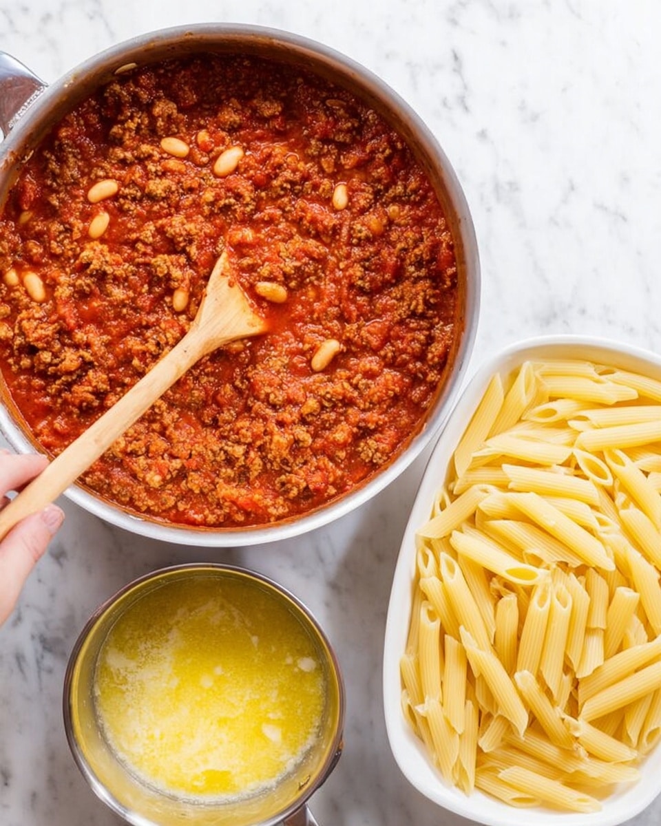 The image shows three separate containers on a white marbled surface. On the left side, there is a large silver pan filled with a thick red sauce containing ground meat and white beans, with a woman's hand holding a wooden spoon stirring the sauce. To the right of that, there is a white dish filled with uncooked penne pasta, showing its pale yellow color and smooth texture. Below the pan, there is a small silver pot with melted butter inside, showing a smooth, yellow liquid surface with some foam around the edges. photo taken with an iphone --ar 4:5 --v 7