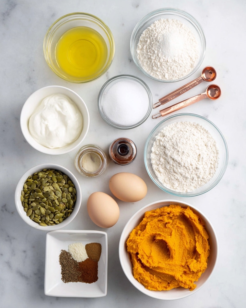 The image shows an organized top view of baking ingredients placed on a white marbled surface. There are ten items arranged neatly: a white bowl filled with bright orange pumpkin puree at the bottom right, two beige eggs placed close to each other just above the pumpkin, and a clear glass bowl with white flour to the right of the eggs. Above the flour is a clear bowl with white granulated sugar. To the left of the sugar is a white bowl with yellow oil. Below the oil, a white bowl contains green pumpkin seeds. There is a small square white dish of mixed brown spices near the bottom center, a small white bowl of thick white yogurt above it, and a small glass jar with brown sugar to the left. Two copper measuring spoons with white baking soda and baking powder rest in the middle of the setup. A small bottle of vanilla extract is near the jar of brown sugar. The overall scene is bright and clean, with the ingredients evenly spaced and clearly visible, photo taken with an iphone --ar 4:5 --v 7