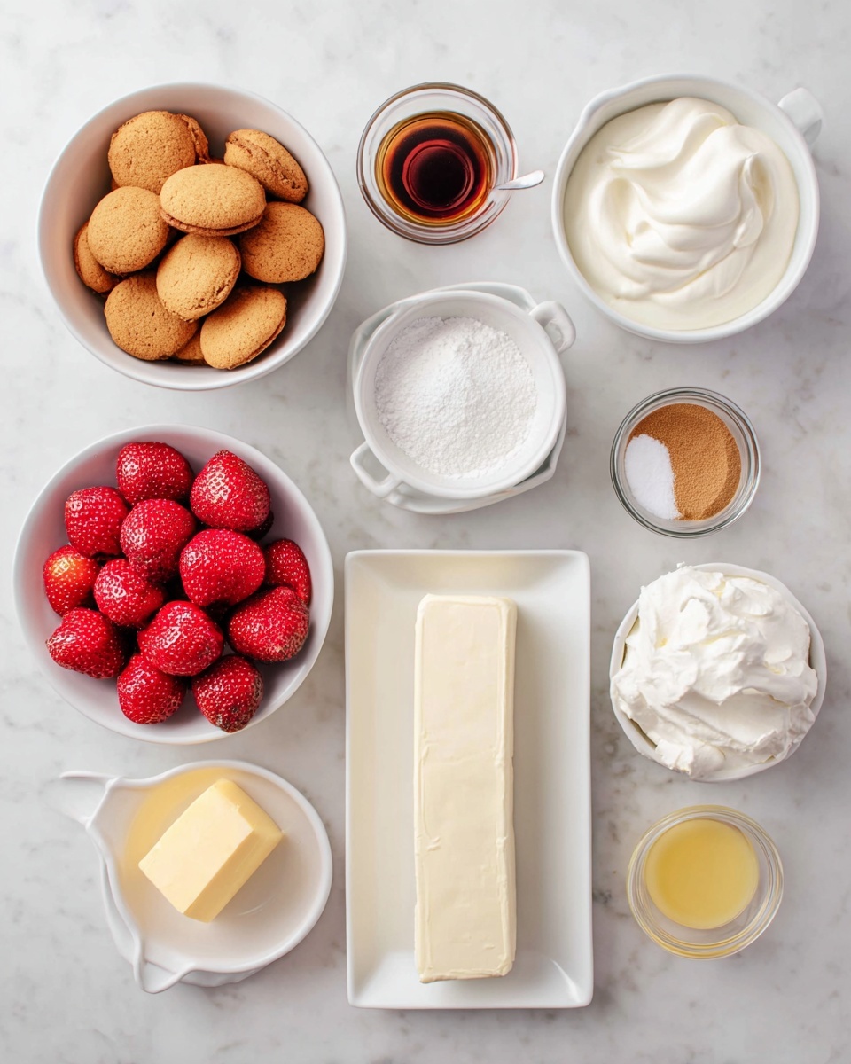 No Bake Strawberry Cheesecake Recipe 4 The image shows nine small white dishes and one white rectangular plate arranged on a white marbled surface, each filled with different ingredients. On the top left, there is a bowl full of round golden brown cookies. To its right, a bowl of thick white cream is placed next to a small cup of fine white powder. Below, a bowl filled with bright red strawberries with a glossy texture sits beside a small cup holding a light yellow liquid. In the center, the white rectangular plate holds two blocks of smooth, creamy white cheese. Surrounding them are a cup of light brown sugar, a tiny cup of dark brown liquid, a stick of yellow butter, a small dish of white sugar, and a bowl of thick whipped white cream. Photo taken with an iphone --ar 4:5 --v 7