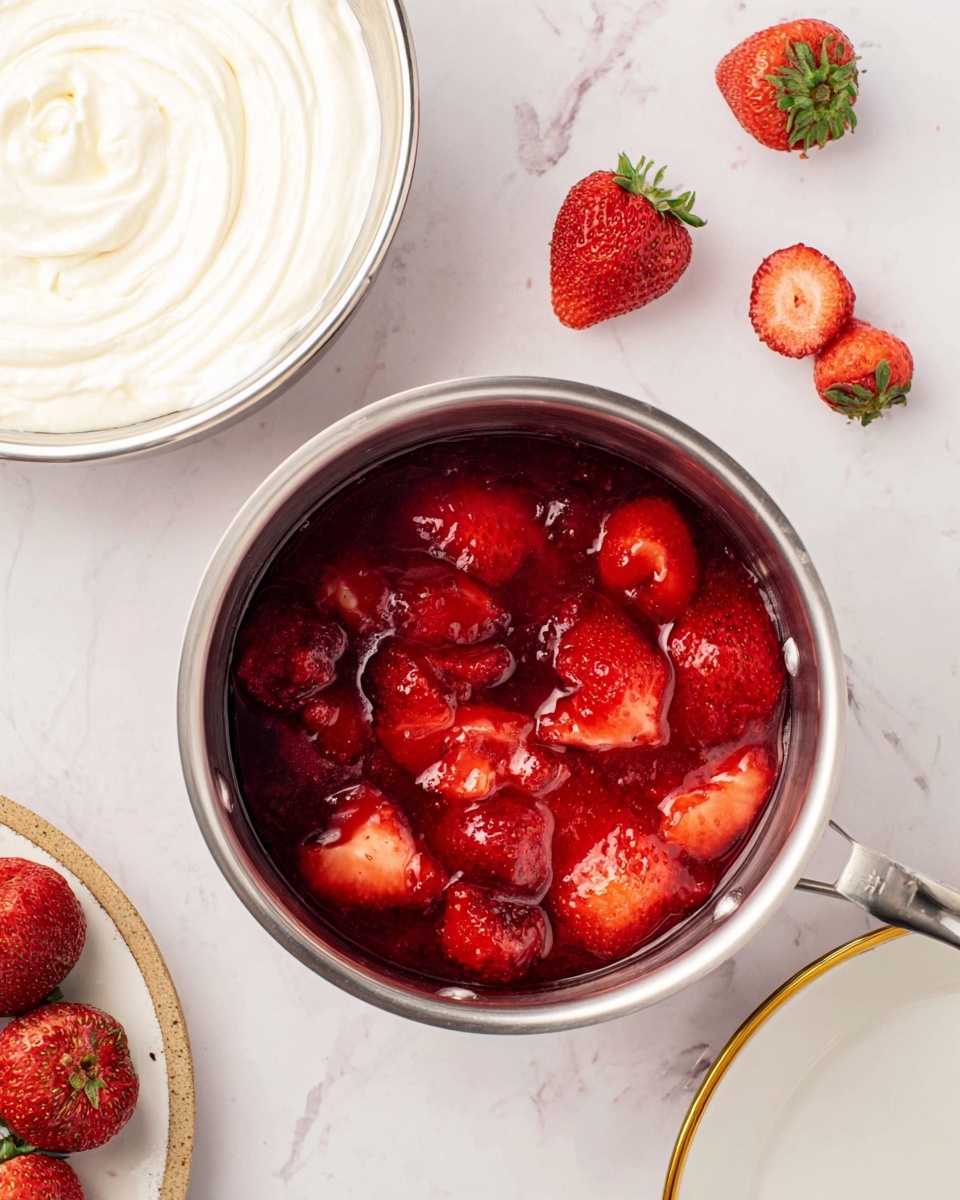 No Bake Strawberry Cheesecake Recipe 5 A shiny metal pot filled with red strawberries in syrup, showing a mix of whole and partially squeezed strawberries with a glossy, juicy texture. Above the pot are three fresh red strawberries, two whole and one sliced in half, lying on a white marbled surface. To the left, a large metal bowl holds a smooth, creamy white mixture with a soft, thick texture. On the right edge, part of a white plate with a thin golden rim is visible. The background is a clean white marbled texture, adding brightness and a fresh look to the scene. photo taken with an iphone --ar 4:5 --v 7