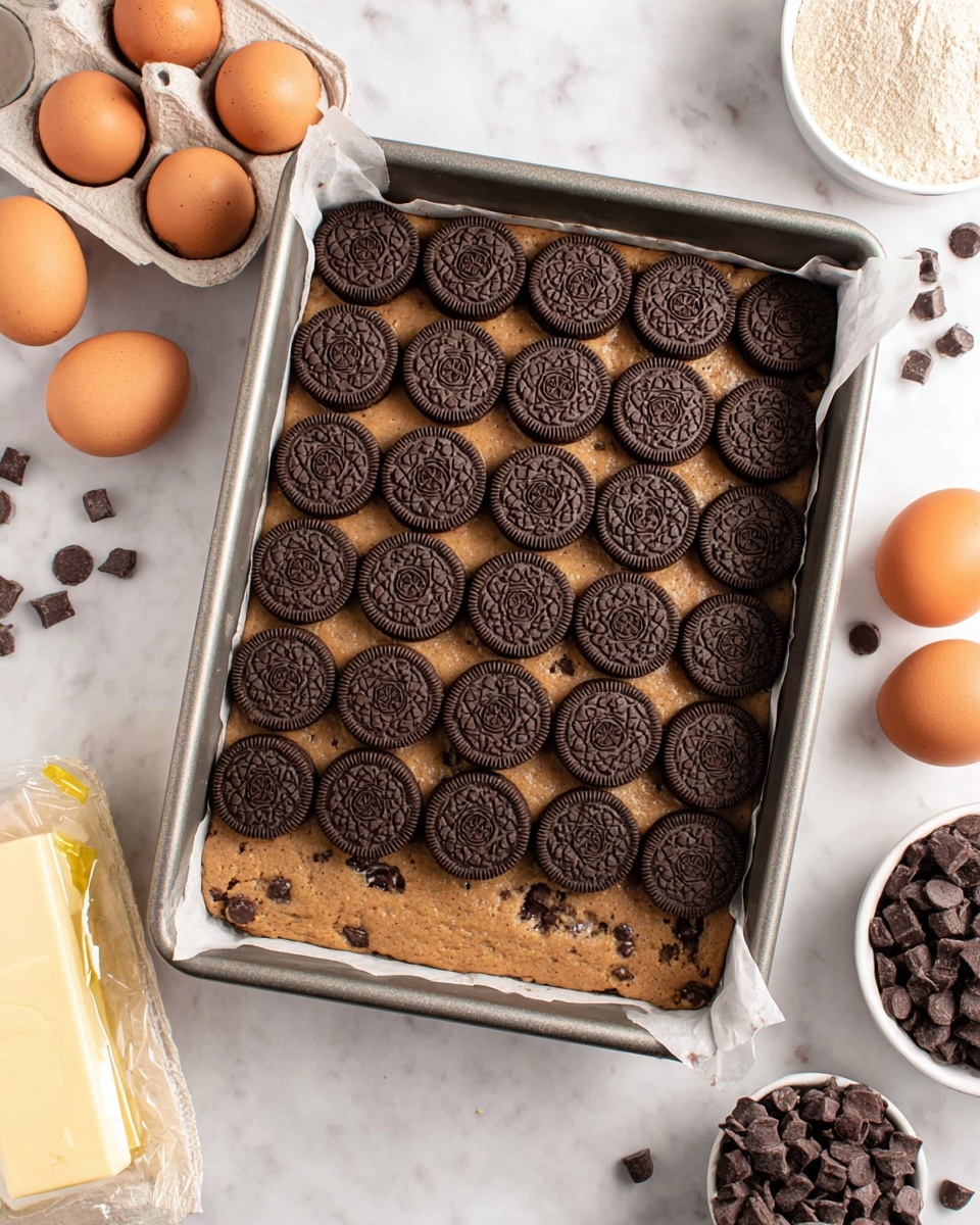 A rectangular metal baking pan lined with parchment paper holds a dessert with two layers: the bottom layer is a thick, light brown cookie dough with visible chocolate chips and a rough texture, and the top layer is made of two full rows of whole dark chocolate sandwich cookies evenly spaced to cover the surface. Around the pan are baking ingredients including three brown eggs in a white holder, a stick of butter with a yellow wrapper, a bowl of dark chocolate chips, and a white bag with light brown powder, all set on a white marbled surface. photo taken with an iphone --ar 4:5 --v 7