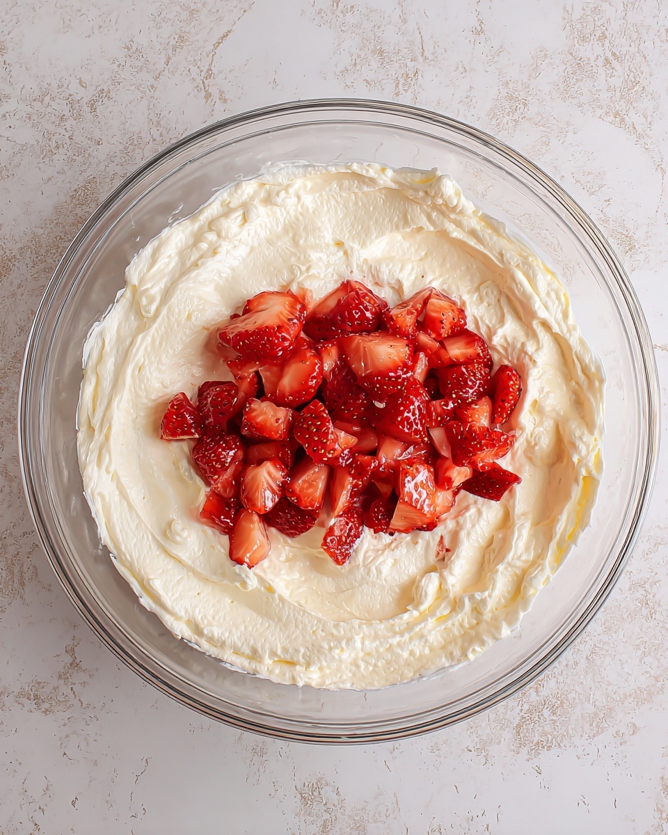 A clear glass bowl holds a single layer of creamy white whipped mixture with a smooth, fluffy texture, spread evenly across the bowl. On top of the cream, there is a handful of small, bright red strawberry pieces, scattered mostly in the center with some pieces showing a glossy, juicy look. The bowl is placed on a white marbled surface. photo taken with an iphone --ar 4:5 --v 7
