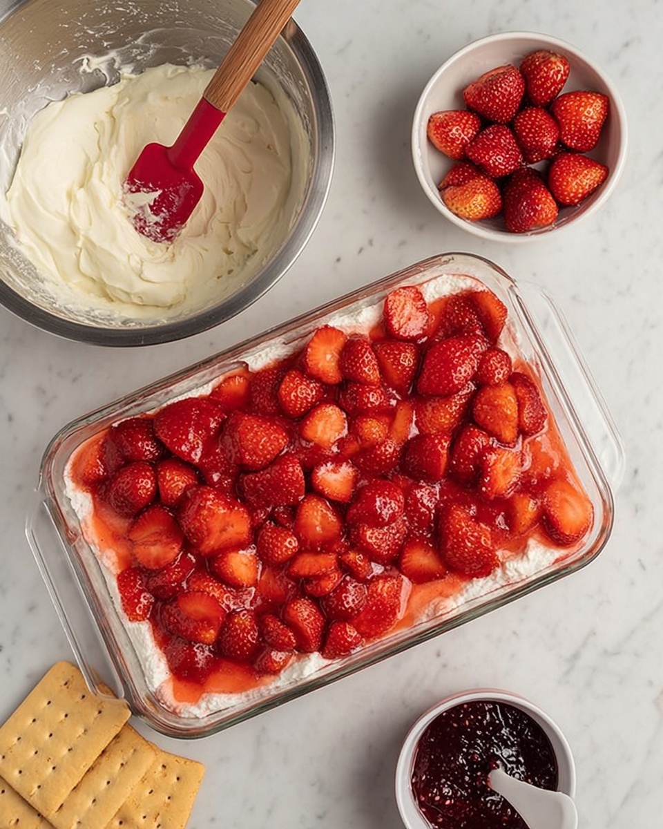 Strawberry Cheesecake Icebox Cake Recipe 5 A clear glass rectangular dish with a layer of red strawberry jam at the bottom, topped with a thick, even layer of sliced bright red strawberries spread across the surface. Next to the dish, a stainless steel bowl contains white creamy filling with a red spatula resting inside. There is a small white bowl with more sliced strawberries on the top right, and a white bowl of dark red jam with visible seeds and a white spoon in it on the bottom right. On the bottom left, three rectangular beige crackers are placed on a white marbled surface. Photo taken with an iphone --ar 4:5 --v 7