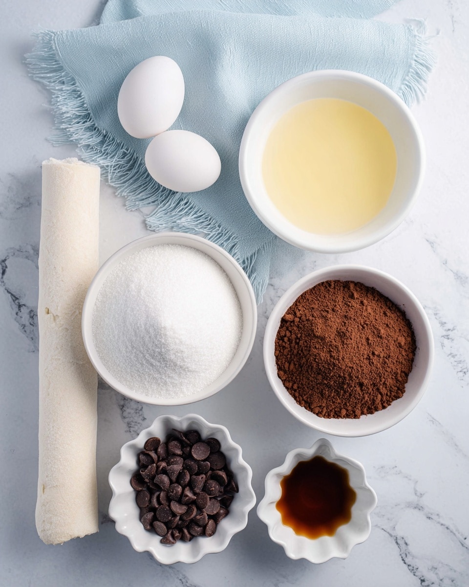 The image shows several white bowls and a wrapped roll of dough placed on a white marbled surface. At the top left, there are two white eggs resting on a soft, light blue cloth with fringed edges. Below them is a large white bowl filled with fine white sugar. To the right of the sugar bowl is a medium white bowl containing a light yellow liquid, possibly melted butter. On the far right, there is another white bowl filled with a mix of white flour and brown cocoa powder, with the cocoa powder covering about half the bowl. At the bottom left, a small white bowl is filled with dark chocolate chips. Lastly, a small white scalloped bowl at the bottom right contains a dark amber liquid, likely vanilla extract. All items are neatly arranged with soft natural lighting, creating a clean and inviting setup for baking ingredients. photo taken with an iphone --ar 4:5 --v 7