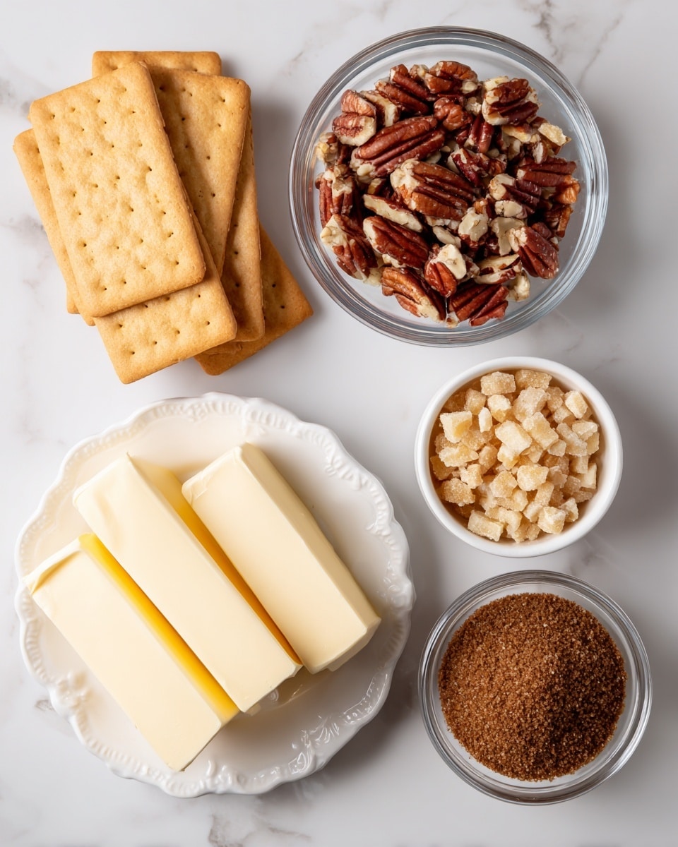 The image shows five ingredients arranged evenly on a white marbled surface. In the top left, there are four rectangular golden graham crackers stacked side by side. Next to them, in the center, is a clear glass bowl filled with chopped pecans, showing a mix of reddish-brown and cream nut pieces. To the right, a small white bowl contains small, light brown toffee bits with a grainy texture. Below, on the bottom left, two thick sticks of pale yellow salted butter are placed on an ornate white plate. On the bottom right, there is a clear glass bowl filled with dark brown sugar, which has a moist, crumbly texture. Each ingredient is labeled with a simple black font above or below their position. Photo taken with an iphone --ar 4:5 --v 7