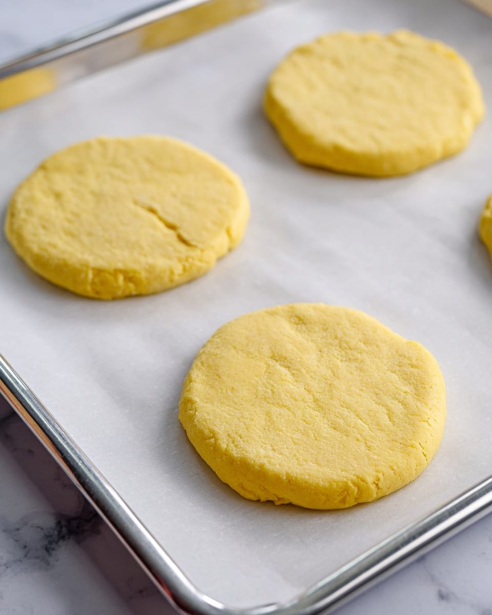 The image shows four round, thick, yellow dough discs placed on white parchment paper which is on a silver baking tray. Each dough disc has a smooth texture with slight cracks and rough edges, lying flat and evenly spaced. The background is a white marbled texture, creating a clean and bright look. photo taken with an iphone --ar 4:5 --v 7