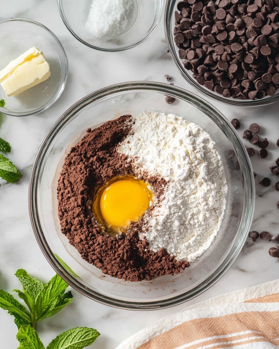 The image shows a clear glass bowl placed on a white marbled surface, filled with separate layers of ingredients before mixing: a bright yellow egg yolk sitting on a mix of dark brown cocoa powder and light brown wet ingredients, with a mound of white flour on the right side. Above this bowl, another clear glass bowl is visible, filled with many dark brown chocolate chips. To the left, there is a small clear glass bowl holding a white solid ingredient, likely cream cheese. There are small fresh green mint leaves and some chocolate chips scattered on the surface around the bowls. A white and light brown striped cloth is partially visible at the bottom right corner. photo taken with an iphone --ar 4:5 --v 7