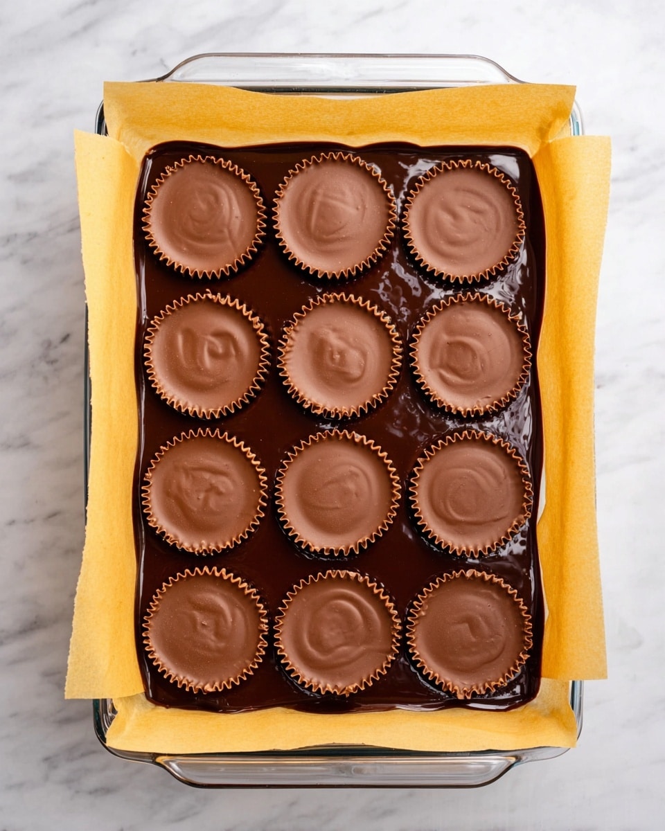 A clear glass baking dish lined with yellow parchment paper holds a layer of dark, shiny chocolate spread evenly across the bottom. On top of the chocolate, there are 15 round light brown peanut butter cups, arranged in a 3 by 5 grid, each with a smooth top and ridged edges sitting neatly on the chocolate layer. The dish is placed on a white marbled surface. Photo taken with an iphone --ar 4:5 --v 7