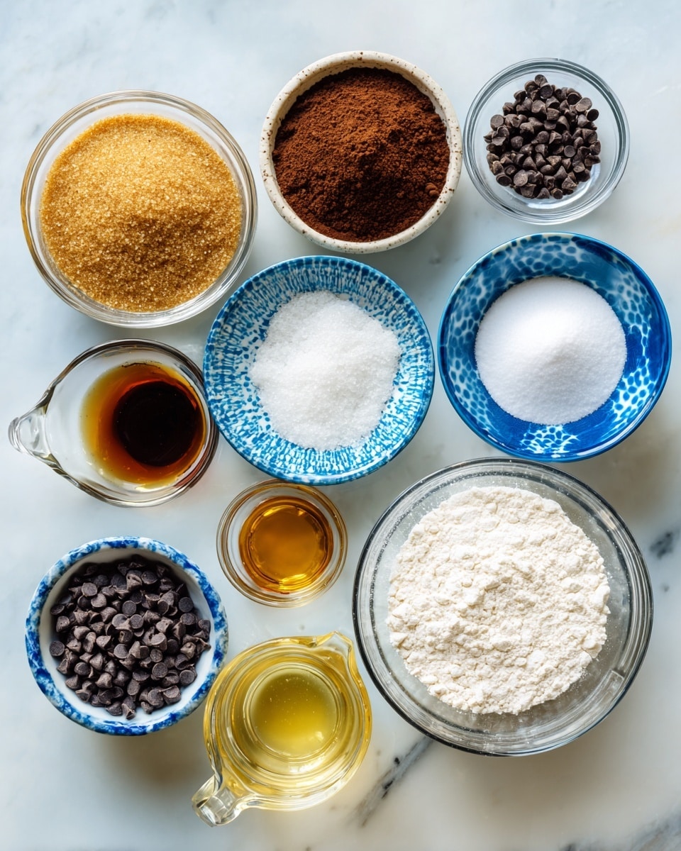 The image shows eleven small glass bowls and measuring cups arranged on a white marbled surface in a loose circular pattern. From the top left going clockwise, the first bowl holds light brown sugar with a coarse texture, followed by a bowl of dark brown cocoa powder with a fine, powdery texture. Next, a blue patterned bowl contains white baking powder in a fine powder form, and a small white bowl holds dark amber vanilla extract. Below that, a blue patterned bowl has fine white salt, and a clear glass bowl contains dark mini chocolate chips. A small clear measuring cup is filled with clear water, while a larger clear measuring cup contains white buttermilk. Another clear measuring cup nearby holds pale yellow vegetable oil. A medium-sized clear bowl has off-white all-purpose flour with a powdery texture, and a smaller clear bowl contains white granulated sugar. Each ingredient is clearly visible, neatly placed, and the surface is clean and bright. Photo taken with an iphone --ar 4:5 --v 7