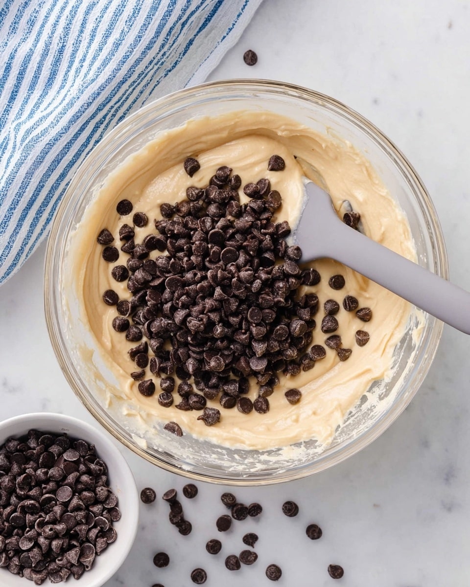 A clear glass bowl holds a smooth, light beige batter forming the base layer, topped with a heaping pile of small, dark brown chocolate chips mostly gathered on one side of the batter. A pale gray silicone spatula rests on the left side of the bowl, slightly pushing into the batter. On the white marbled surface below, a small white bowl filled with more chocolate chips is visible, along with a few loose chocolate chips scattered around. A blue and white striped cloth is casually placed in the background. Photo taken with an iphone --ar 4:5 --v 7