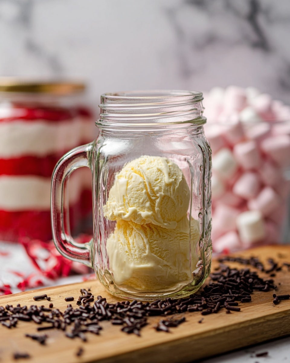 A clear glass jar with a handle sits on a light wooden board scattered with dark chocolate sprinkles. Inside the jar, at the bottom center, is a scoop of pale yellow ice cream with a creamy, smooth texture just starting to melt. Behind the jar, there is a white marbled surface with a red and white striped cloth on the left and a pile of pink marshmallows blurred in the background on the right. The soft lighting highlights the glossy surface of the jar and the creamy ice cream inside. Photo taken with an iphone --ar 4:5 --v 7