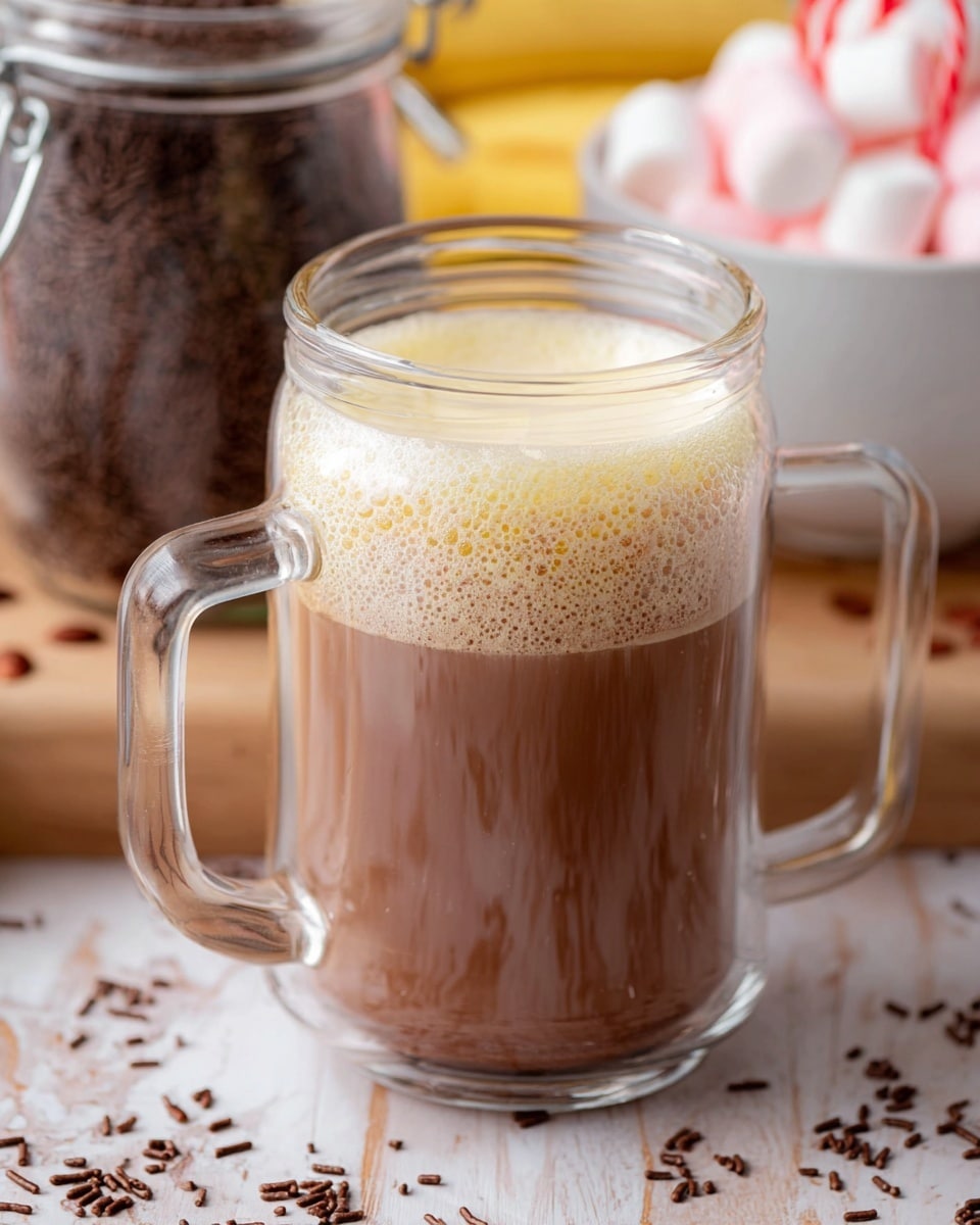 A clear glass mug filled with three layers is shown: the bottom layer is a dark brown liquid, the middle layer is a lighter brown liquid, and the top layer is a light foamy cream with small bubbles. The mug has a large handle and sits on a light wooden surface with chocolate sprinkles scattered around. Behind the mug, there is a jar filled with chocolate sprinkles on the left, sliced bananas blurred in the background, and a white bowl full of pink marshmallows on the right. A white marbled texture is visible around the scene. Photo taken with an iphone --ar 4:5 --v 7