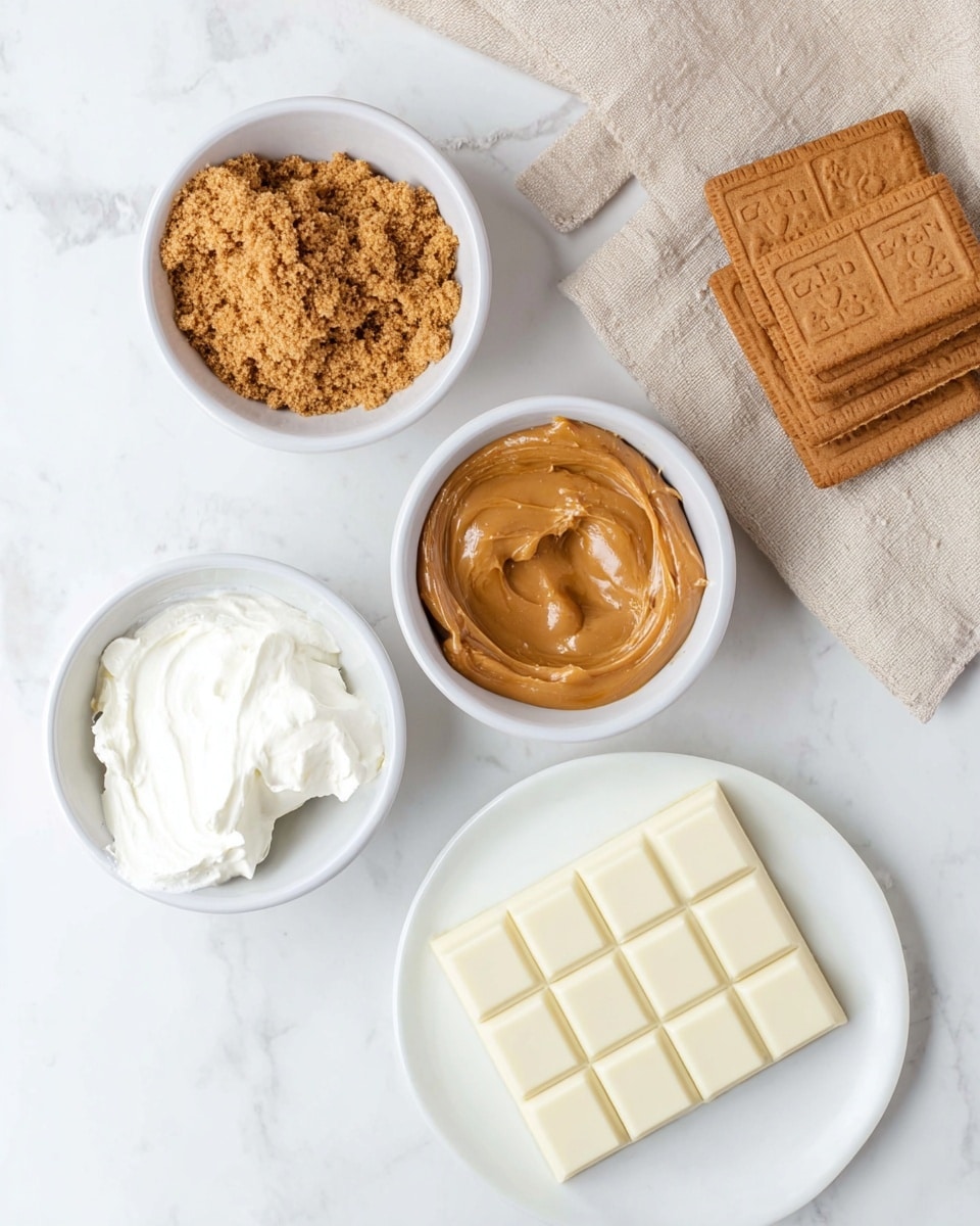 The image shows four small white bowls on a white marbled surface, each holding a different ingredient: one bowl with a crumbly light brown mixture, another with smooth peanut butter in a rich caramel color, a third with a dollop of thick white cream cheese or similar texture, and the fourth with a white bar of chocolate segmented into six large squares, placed on a white plate. In the top right corner, there are three rectangular Lotus cookies with a golden brown color stacked on a textured beige cloth. The setting is bright and clean, with soft natural lighting highlighting the textures and colors of each ingredient. Photo taken with an iphone --ar 4:5 --v 7