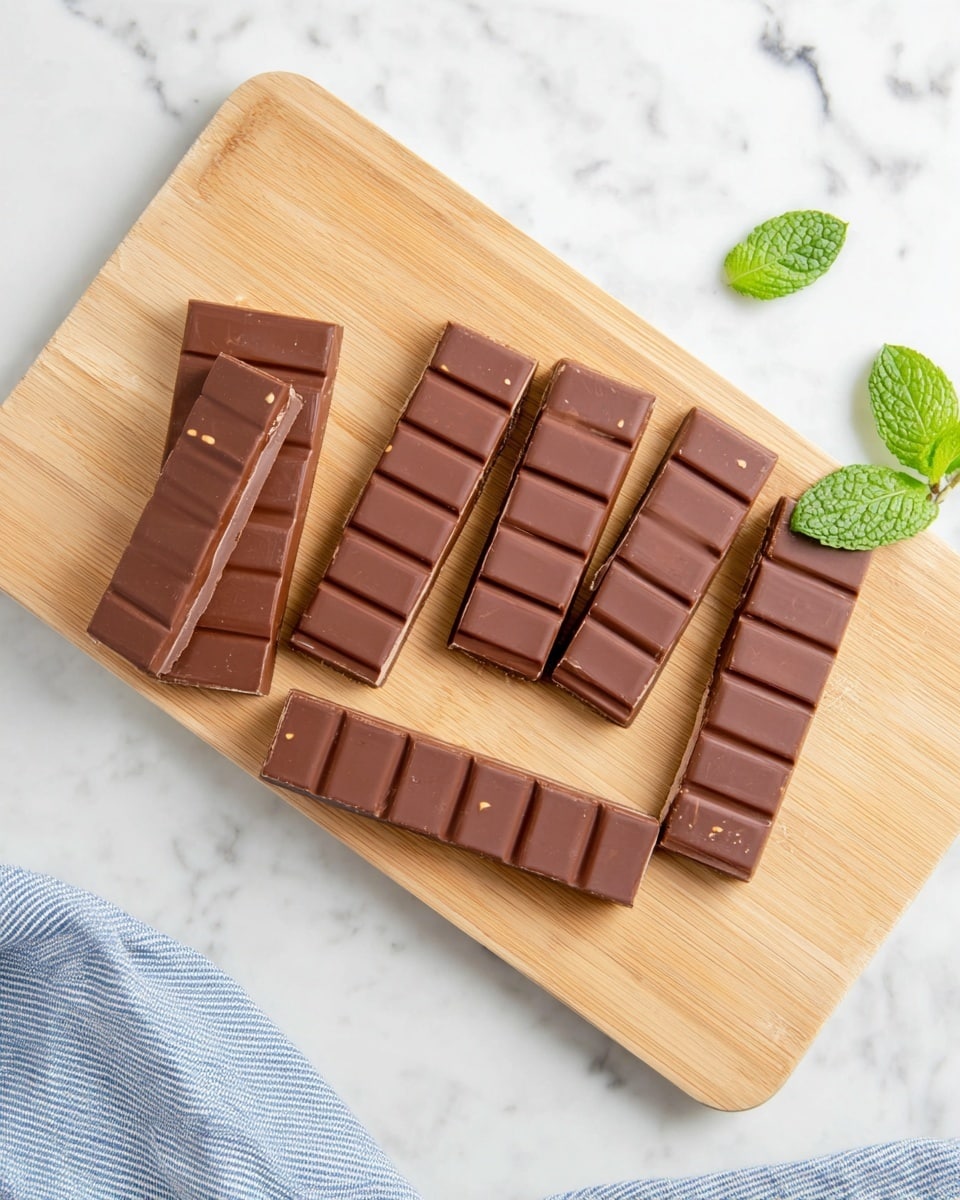 The image shows several pieces of chocolate arranged on a light brown wooden board with a visible grain texture. In the foreground, four pieces are lying flat and slightly stacked, each piece having two distinct layers: a dark brown chocolate top layer and a creamy white filling layer beneath it, both smooth and glossy. The thickness of the chocolate and cream layers is even and cleanly separated. In the background, more broken chocolate bars lay flat on the wooden board. The overall scene is bright and clear with a soft focus on the background pieces. The setting surface is a white marbled texture. photo taken with an iphone --ar 4:5 --v 7