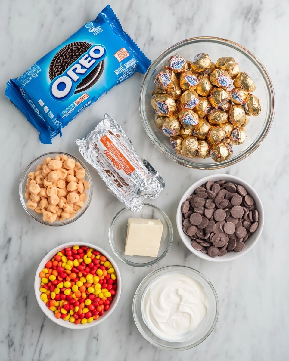A flat lay image on a white marbled surface shows a package of Oreo cookies at the top left corner. Below the package, there is a large clear glass bowl filled with mini peanut butter cup chocolates wrapped in gold foil with red and yellow details. To the right of this bowl, there is another clear glass bowl filled with smooth, round, dark chocolate discs. Below it, a small white bowl contains small candy-coated chocolates in orange, brown, and yellow colors. Next to this, a small white bowl is filled with light brown butterscotch chips. Below these, a small clear glass bowl holds a dollop of white soft cream cheese, and next to it, another small white bowl contains a few tablespoons of a clear golden liquid, likely vanilla extract. A rectangular block of silver-wrapped cream cheese sits at the bottom left corner. photo taken with an iphone --ar 4:5 --v 7