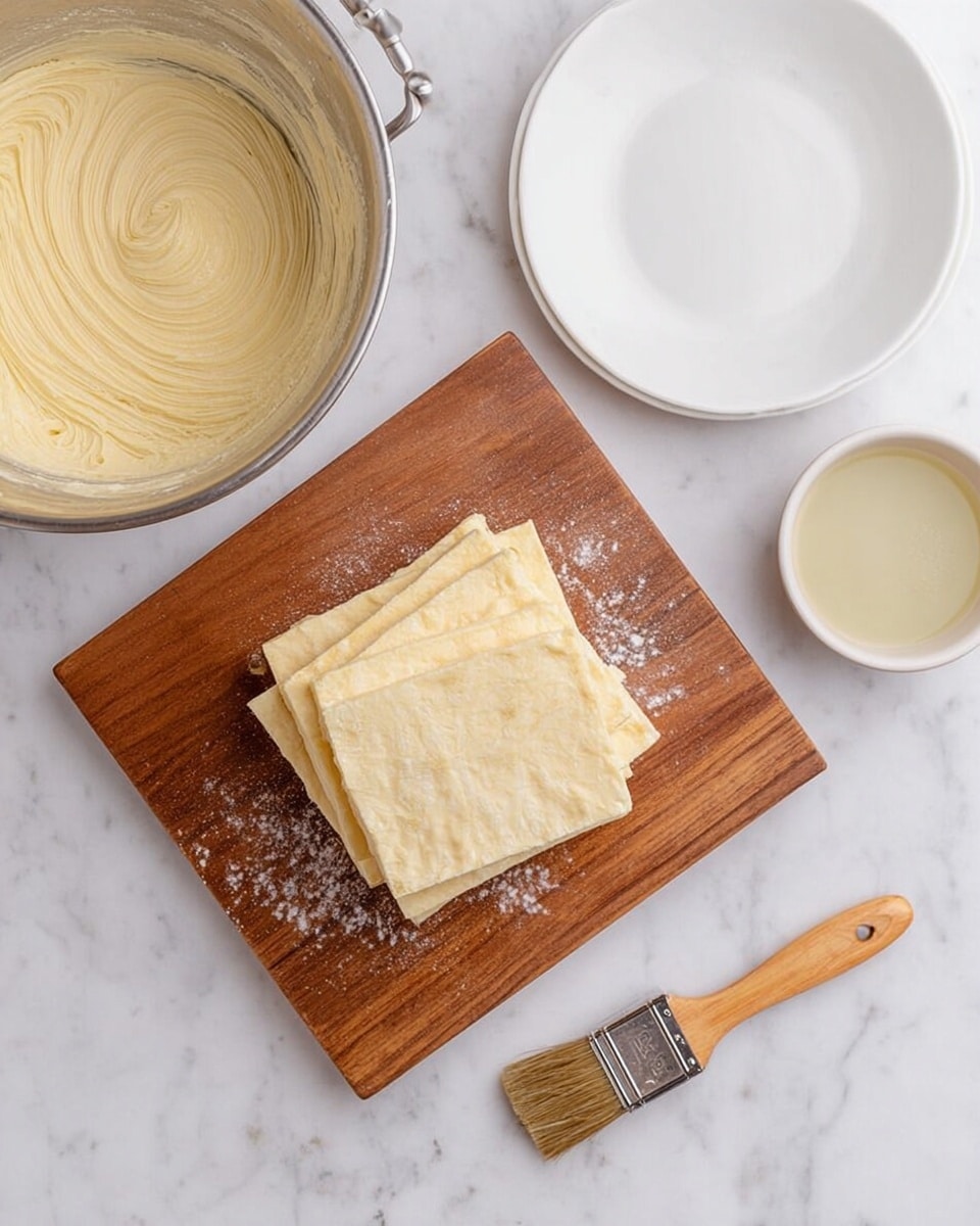 The image shows a wooden board with a stack of four pale yellow dough squares, slightly dusted with flour, neatly placed in the center. To the top left, there is a metal mixing bowl filled with smooth, creamy butter or batter with swirled texture. To the right of the board, a white plate is empty, and next to it, there is a small white bowl with some liquid (possibly water or oil). A small brush with light brown bristles and a wooden handle lies beside the bowl. The whole scene is set on a white marbled surface. photo taken with an iphone --ar 4:5 --v 7
