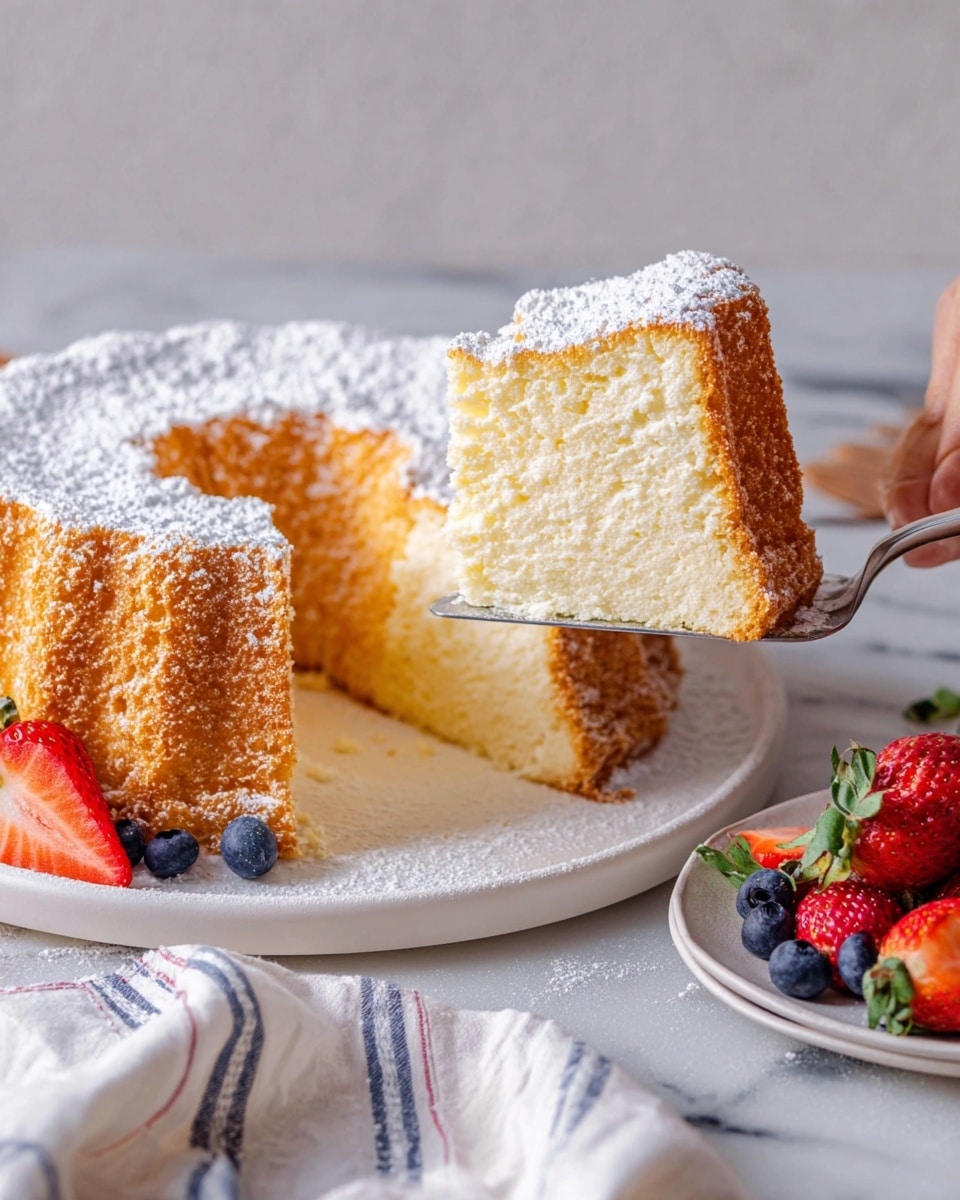 A tall, light yellow chiffon cake with one thick layer sits on a white plate over a white marbled surface. The cake is dusted with white powdered sugar on top and has a golden brown textured outside crust. A slice is being lifted by a woman's hand holding a metal spatula, showing the soft, airy inside. Around the plate, there are fresh strawberries and blueberries, with a white towel with blue and red stripes casually placed beside it. photo taken with an iphone --ar 4:5 --v 7