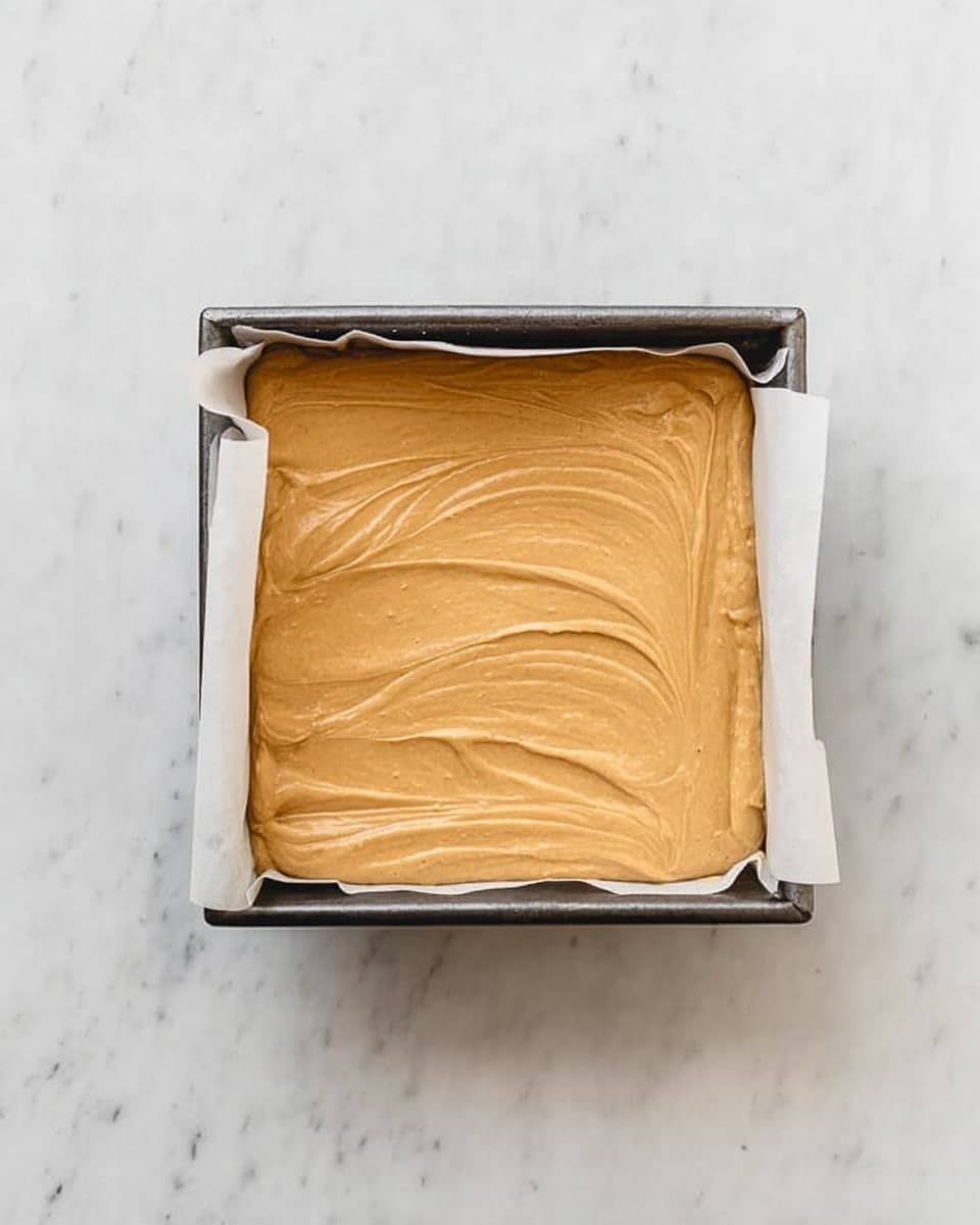 A square metal baking pan lined with white parchment paper holds a thick, smooth spread of light brown batter evenly covering the bottom of the pan. The batter has a slightly creamy texture with gentle swirls and peaks visible on the surface. The pan sits on a white marbled surface, giving a clean and bright background to the scene. photo taken with an iphone --ar 4:5 --v 7