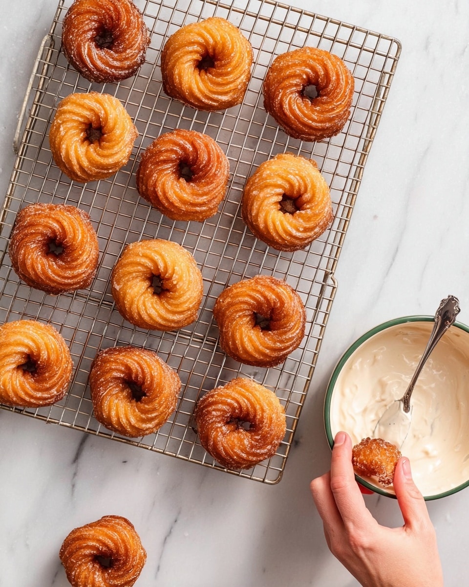 The image shows a cooling rack with fifteen golden brown, round cruller donuts that have a twisted, ridged texture and a hollow center, arranged in neat rows over a white marbled surface. To the right of the rack, there is a white bowl with green rim filled with white icing or glaze, and a silver spoon scooping some of it. A woman's hand is holding the spoon, dipping it into the bowl. The overall color palette is warm with the donuts' golden brown and the neutral white marbled background. photo taken with an iphone --ar 4:5 --v 7