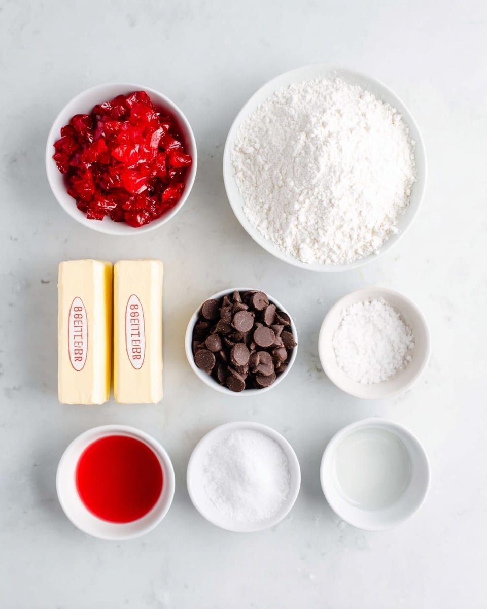 The image shows several white bowls and two sticks of butter placed neatly on a white marbled surface. There is a small white bowl filled with bright red chopped cherries at the top left, and next to it, a larger white bowl full of white powdered sugar. Below the powdered sugar is a white bowl with white flour, and beneath that is a small white bowl filled with smooth, dark brown chocolate chips. Two sticks of pale yellow butter are positioned to the left of the flour. To the right of the powdered sugar is a tiny bowl with bright red liquid, while below it is a very small bowl of white salt, same sized bowl with white granulated sugar below the salt, and a small bowl with a clear liquid at the bottom right. The overall image is clean and bright. photo taken with an iphone --ar 4:5 --v 7