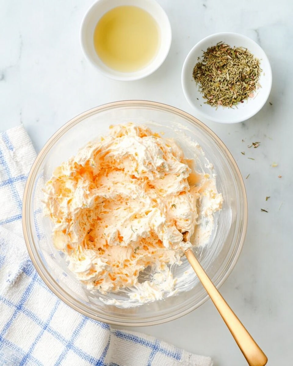 A clear glass bowl filled with a creamy pale orange and white mixture with a soft texture sits on a white marbled surface. Inside the bowl is a gold fork, partially buried in the mixture, and the bowl is placed on a white and blue checkered cloth. To the upper right of the bowl, there are two small white dishes, one containing a pale yellow liquid and the other filled with small dried green herb flakes. The overall image is bright and clean, with a simple and neat composition. photo taken with an iphone --ar 4:5 --v 7
