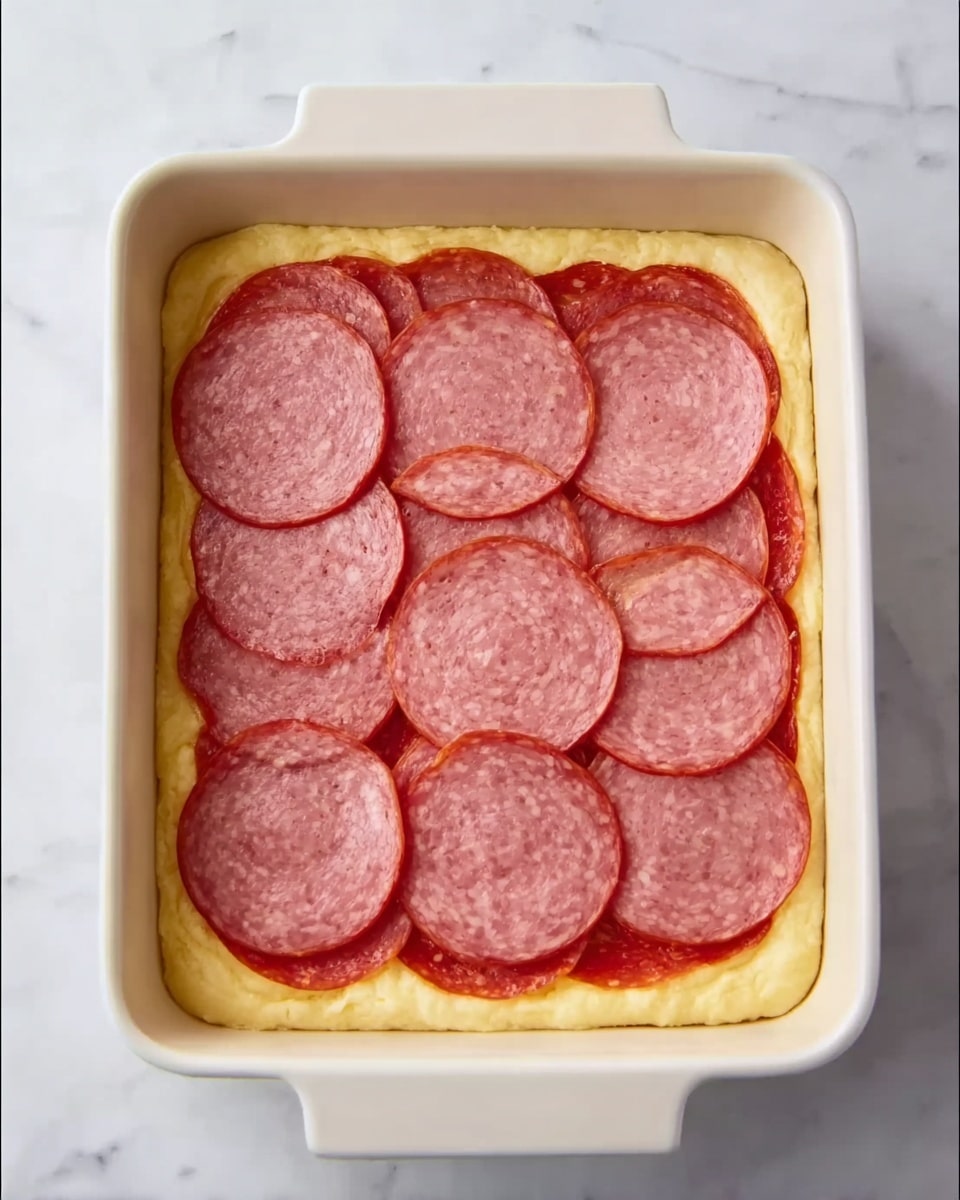 A white rectangular baking dish holds a layered food item on a white marbled surface. The bottom layer is a golden-yellow dough that lines the edges of the dish, forming a soft border. On top of the dough, there is a layer of thin, round red slices, likely tomato or pepperoni. The final layer is composed of overlapping, circular slices of light pinkish-red meat, arranged tightly to cover the layer below. The overall look is neat with clear visible layers. Photo taken with an iphone --ar 4:5 --v 7