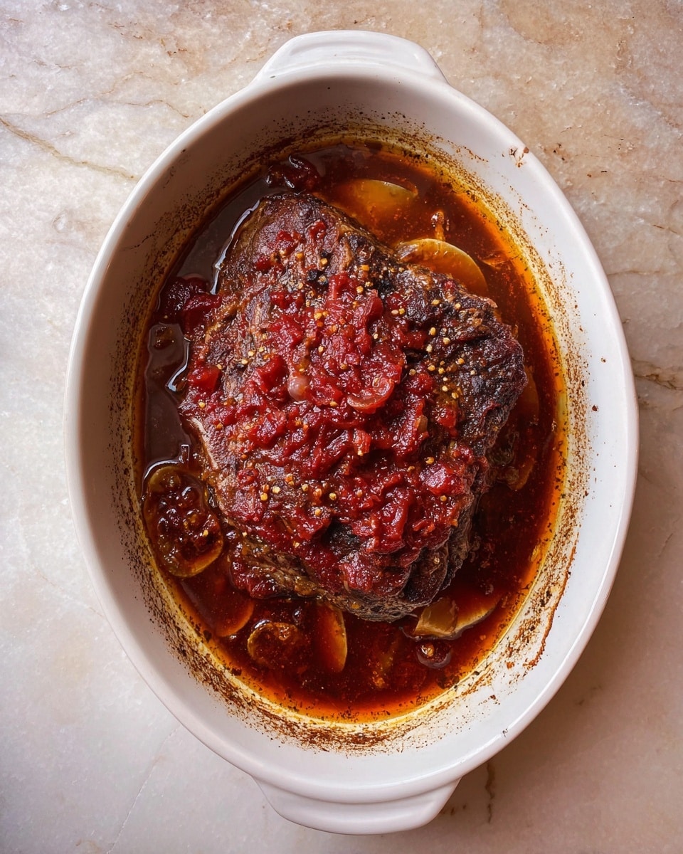 A white oval baking dish holds a large piece of dark brown roasted meat at the center, covered with chunky, deep red sauce that looks thick and chunky. The meat rests in a dark brown broth mixed with some translucent slices underneath. The dish has some browning marks around the edges from cooking. The whole scene sits on a white marbled surface. photo taken with an iphone --ar 4:5 --v 7
