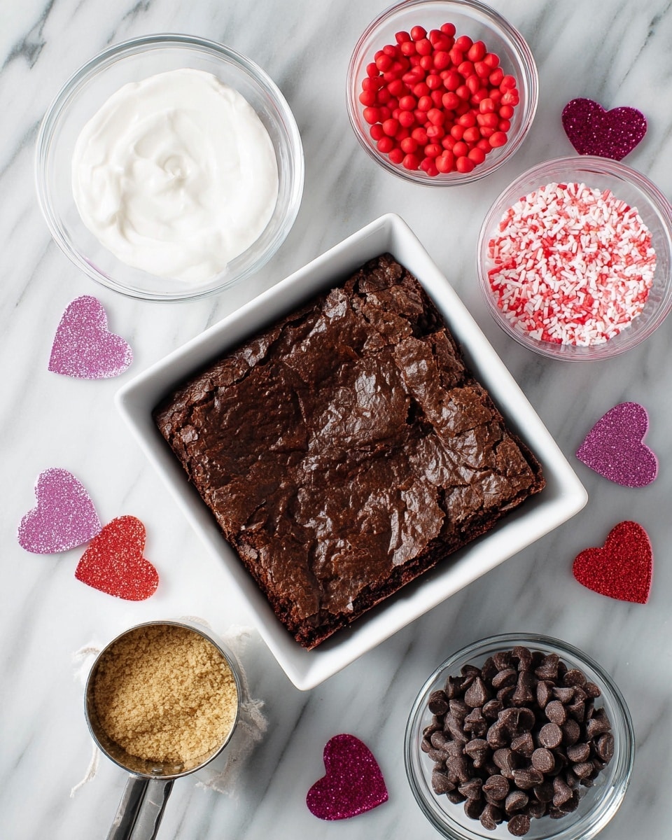 A square white dish holds a single layer of shiny, cracked, dark brown brownie with a slightly rough texture on top. Surrounding the dish on a white marbled surface are small glass bowls and a metal measuring cup with different toppings: one bowl is filled with smooth white cream, another has tiny red balls, one contains mixed pink, red, and white heart-shaped sprinkles, the metal cup holds light tan crushed crumbs, and a larger glass bowl is full of dark brown chocolate chips. Sparkling red and purple heart-shaped decorations are scattered around, giving a festive feel. Photo taken with an iphone --ar 4:5 --v 7