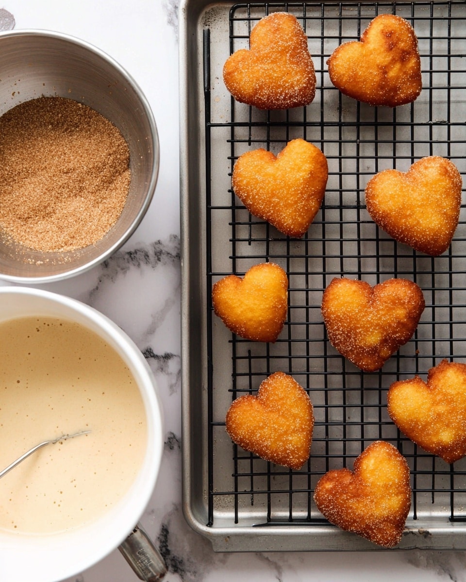 The image shows ten small heart-shaped fritters with a golden-brown crispy outside, placed on a black cooling rack over a metal baking tray. To the left, there is a silver mixing bowl with brown sugar inside and a white bowl with a light beige batter. The background is a white marbled surface. photo taken with an iphone --ar 4:5 --v 7