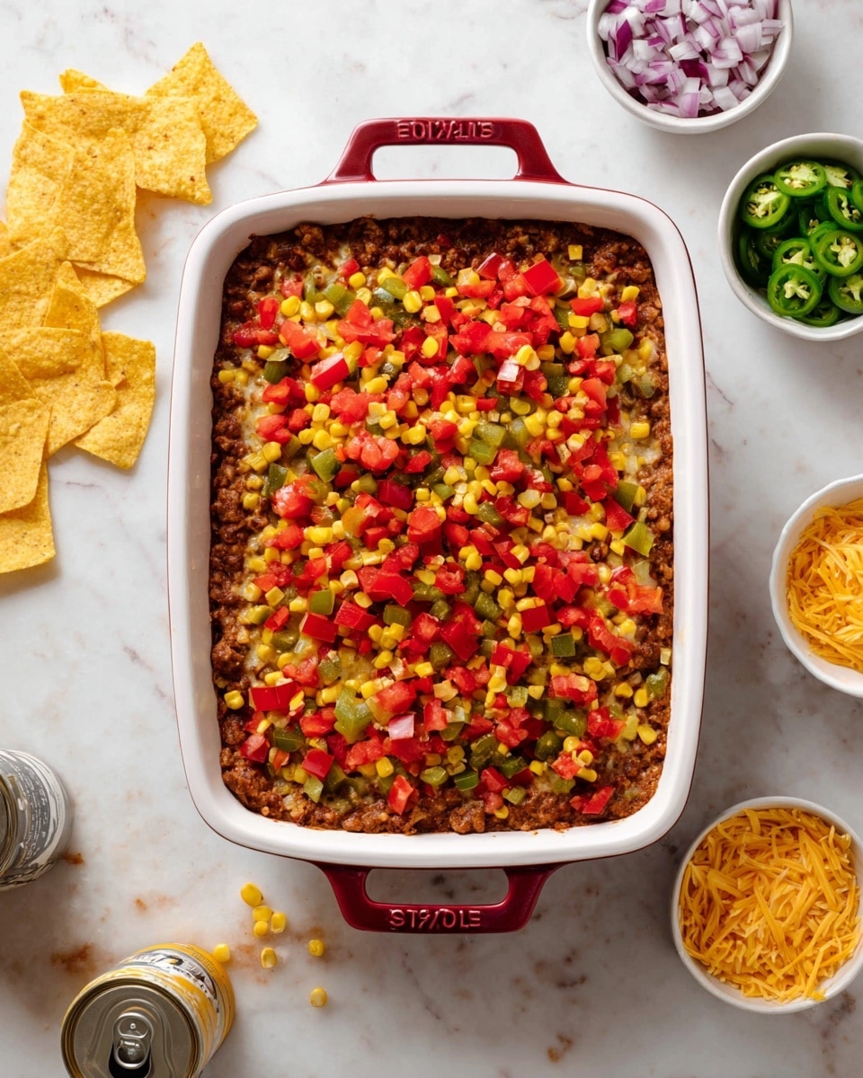 A white Staub baking dish with red handles is filled with a layered dish. The bottom layer is brown with a soft texture, likely a cooked meat or bean base. On top, there is a generous layer of diced red tomatoes, bright yellow corn kernels, and small pieces of green and red bell peppers scattered evenly, creating a colorful and fresh appearance. Around the dish, there are white bowls with sliced jalapeños, chopped red onions, and shredded cheese placed on a white marbled surface. To the left, three yellow tortilla chips rest on the white marbled surface, and below the dish is an open can with some contents spilled. photo taken with an iphone --ar 4:5 --v 7