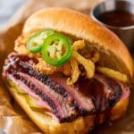 Smoked Brisket Sandwich with Pickled Red Onions and Jalapenos Recipe