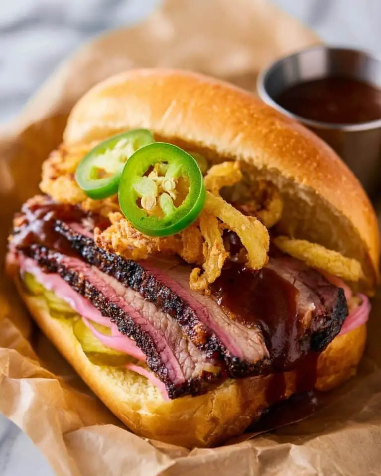 Smoked Brisket Sandwich with Pickled Red Onions and Jalapenos Recipe