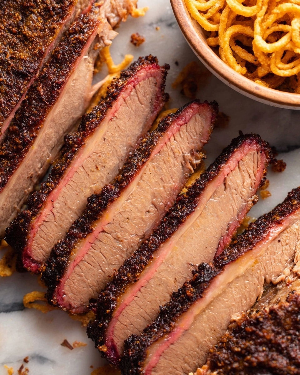 The image shows several thick slices of smoked meat with a dark, textured brown crust on the outside and a visible pink smoke ring just inside the crust. The inside of the meat is a light brownish-pink with a firm texture. The sliced pieces are arranged side by side on a wooden surface with a small wooden bowl filled with crispy golden fried onions visible in the top right corner. The background is a white marbled texture photo taken with an iphone --ar 4:5 --v 7