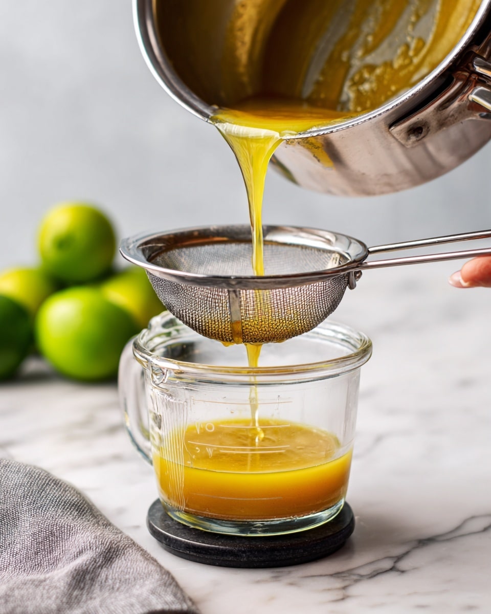 The left side of the image shows a metal pot tilted above a clear glass measuring cup with an orange-yellow sauce being poured through a fine metal strainer held by a woman's hand. The measuring cup sits on a black trivet over a white marbled surface, with green limes blurred in the background. On the right side, the sauce has been strained, showing bits of green pulp caught in the strainer sitting over the measuring cup filled with smooth orange-yellow liquid. The scene is bright with soft natural light, and there is a gray cloth napkin partially visible at the bottom left corner. Photo taken with an iphone --ar 4:5 --v 7