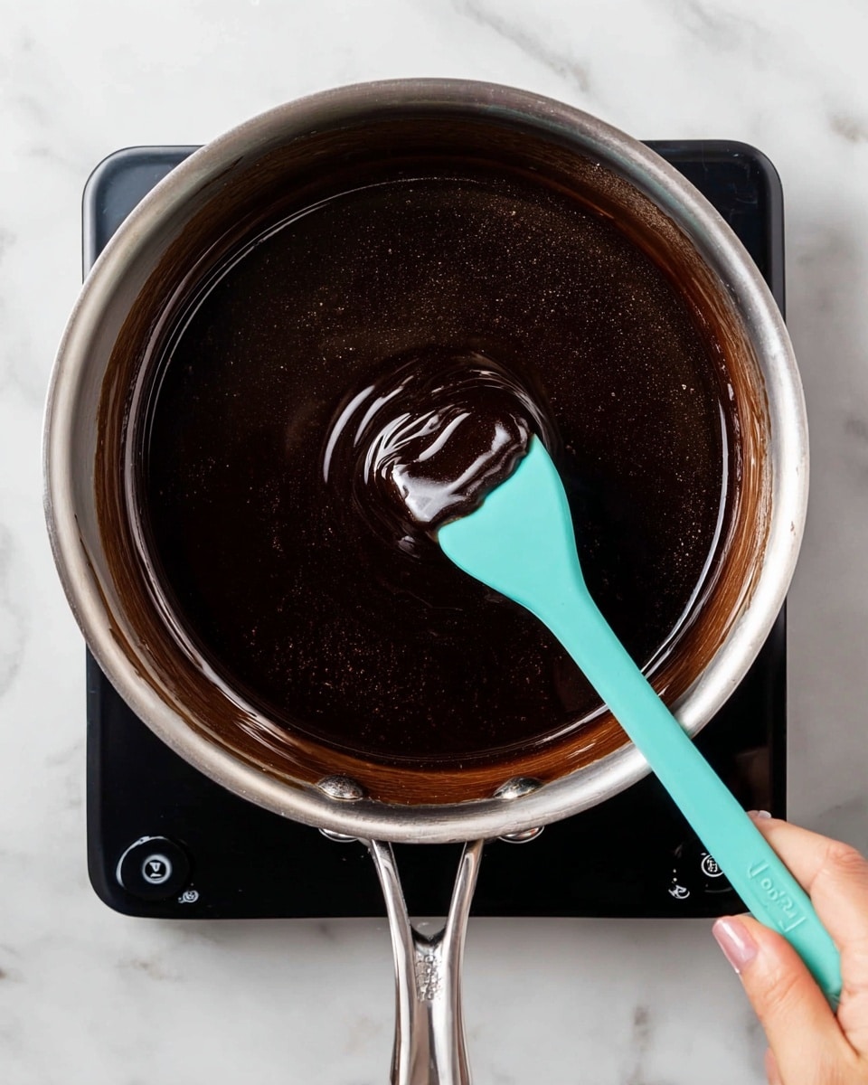 A close-up view of a silver pan filled with a shiny, smooth, dark brown chocolate sauce being stirred by a turquoise spatula held by a woman's hand in the lower right corner. The sauce has a thick texture and covers the entire pan surface evenly. The pan is placed on a black stovetop on a white marbled surface. Photo taken with an iphone --ar 4:5 --v 7