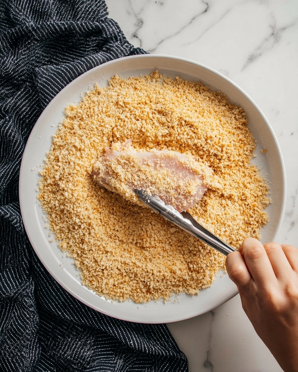 A close-up view shows a golden brown crispy chicken strip covered in crunchy crumbs, being held by a woman's hand from the top right, dipping into a small black bowl filled with creamy white sauce that has small green herb specks. In the background, on a white plate with scalloped edges, more golden chicken strips are laid out on a wooden surface, with a hint of a blue cloth nearby. The surface beneath everything has a white marbled texture. photo taken with an iphone --ar 4:5 --v 7