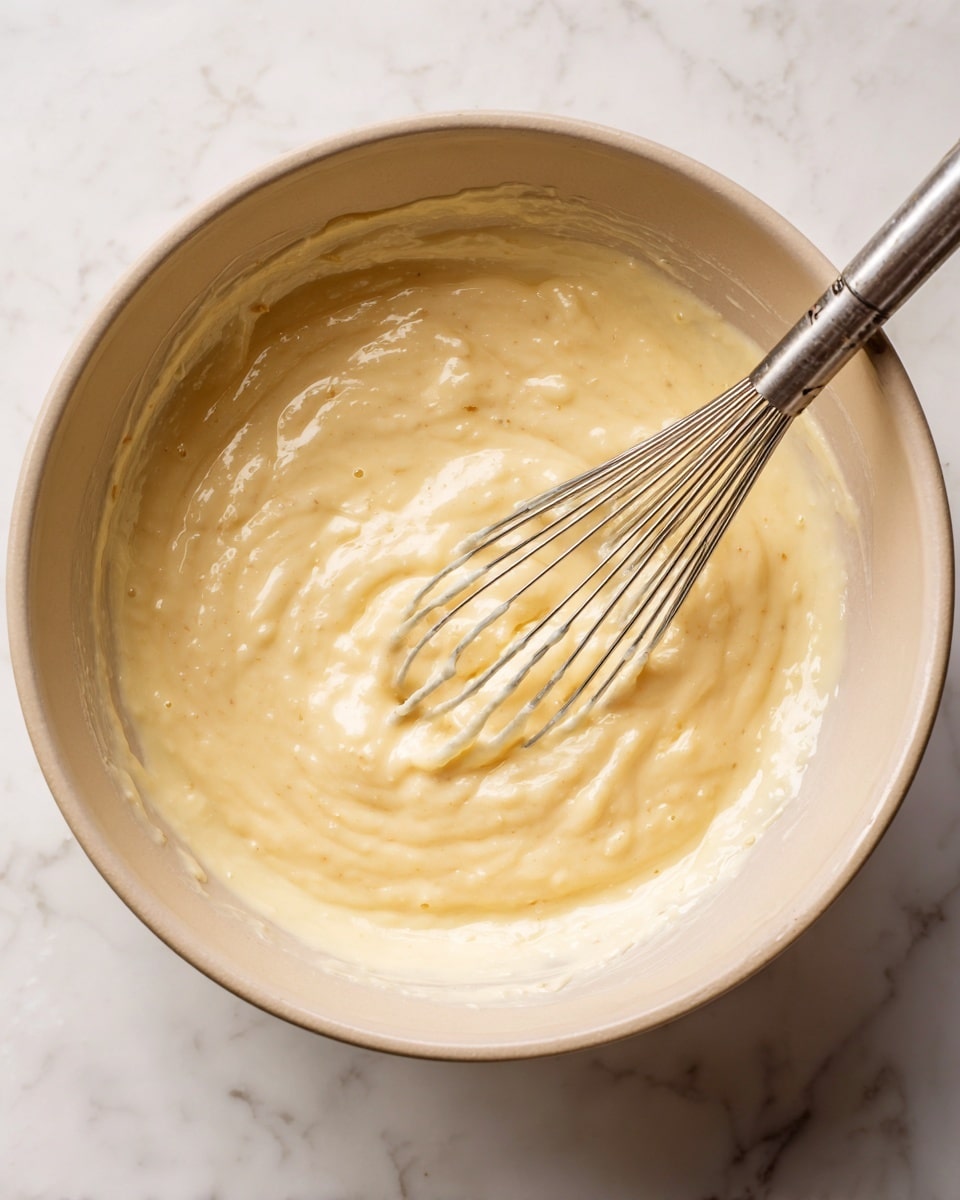 The image shows a light beige, thick batter with a lumpy texture inside a beige mixing bowl. A shiny metal whisk is partially submerged in the batter, positioned in the bottom right part of the bowl. The bowl sits on a white marbled surface. The batter looks creamy with visible small lumps, and the whisk has some batter clinging to its wires. photo taken with an iphone --ar 4:5 --v 7