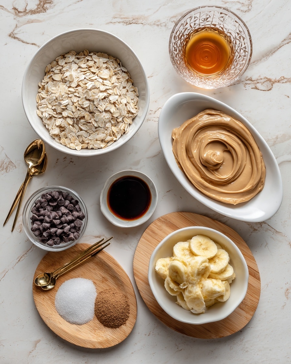 The image shows a flat lay of several white bowls and a wooden plate on a white marbled surface. In the center, a large white bowl is filled with light beige oats. To the right is an oval white bowl with smooth, creamy peanut butter, swirled on top and resting on a light wooden board. Below and slightly to the right, a round white bowl contains mashed yellow bananas with a spoon inside. To the bottom left, a white bowl holds small dark chocolate chips with a measuring spoon resting in it. Above this, a small glass bowl filled with dark vanilla extract is visible. On the wooden plate to the upper left, there is a small pile of brown powder, white granulated sugar, and white salt, each with small gold measuring spoons beside them. At the top center, a clear cut-glass cup contains a small amount of amber liquid syrup. photo taken with an iphone --ar 4:5 --v 7