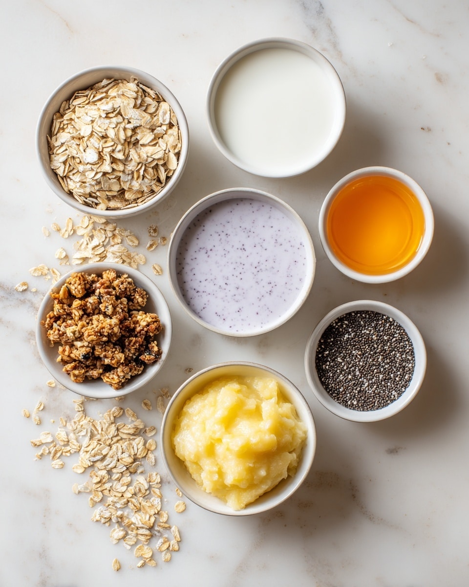 The image shows seven small white bowls arranged in a loose circle on a white marbled surface. Starting from the top, there is a bowl filled with white milk. To the right is a bowl with orange honey or another sweetener. Below that is a bowl holding pale purple yogurt with visible berry bits. At the bottom center, small black and white chia seeds fill a tiny bowl. To the left, a bowl contains brown and tan crunchy granola toppings. Above it is a bowl filled with light yellow mashed banana with a soft texture. Finally, at the upper left, a bowl has beige rolled oats with a rough texture. Scattered oats and chia seeds dot the white marbled surface around the bowls. photo taken with an iphone --ar 4:5 --v 7