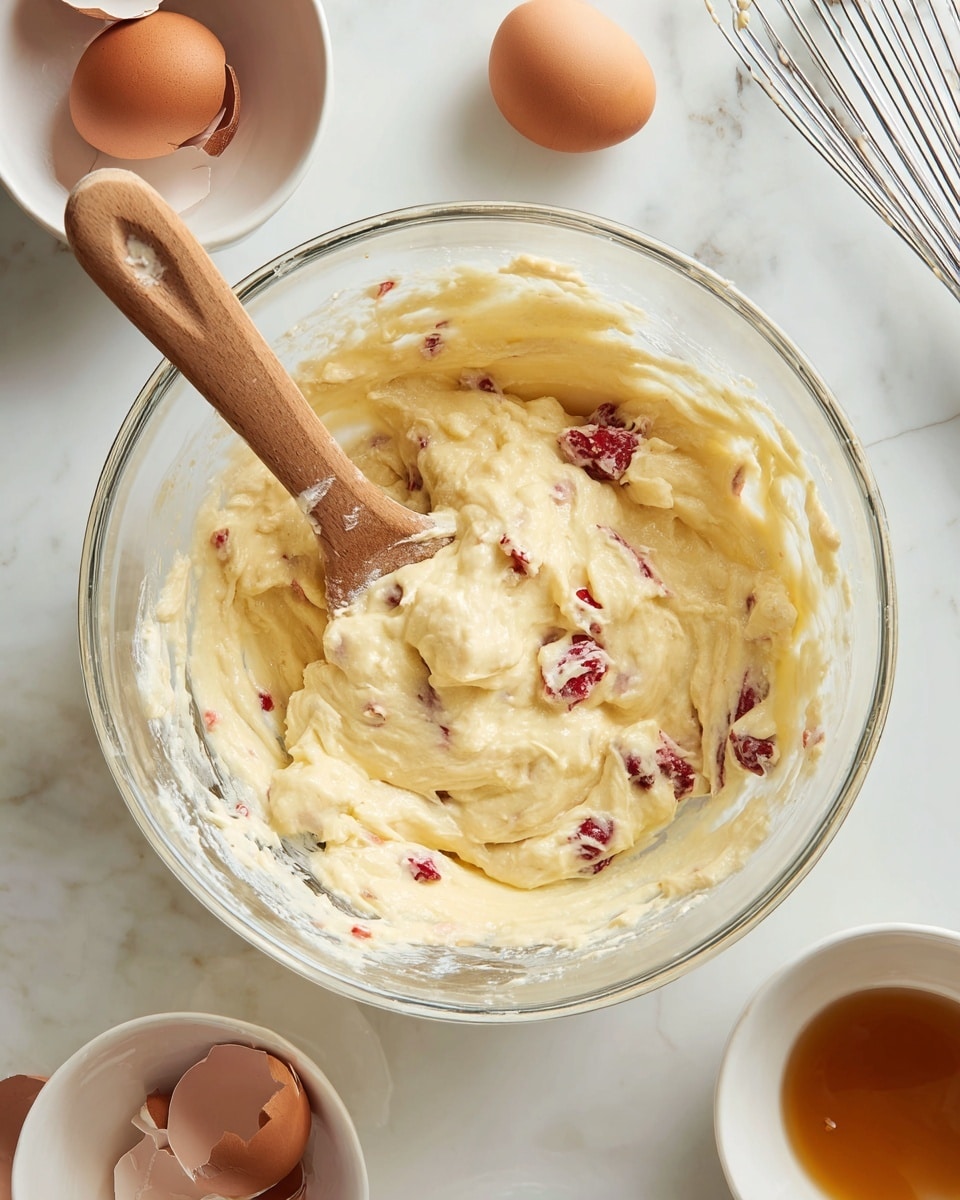 A large clear glass mixing bowl sits on a white marbled surface filled with thick, creamy batter with visible pieces of red fruit scattered throughout. A wooden spatula rests inside the bowl, partly covered with the pale yellow batter. Surrounding the bowl are small white bowls, one holding two cracked brown eggshells and another with a brown liquid residue inside. In the top right corner, a small part of another clear glass bowl with a whisk is visible. The scene shows a baking preparation moment, bright and clean. photo taken with an iphone --ar 4:5 --v 7