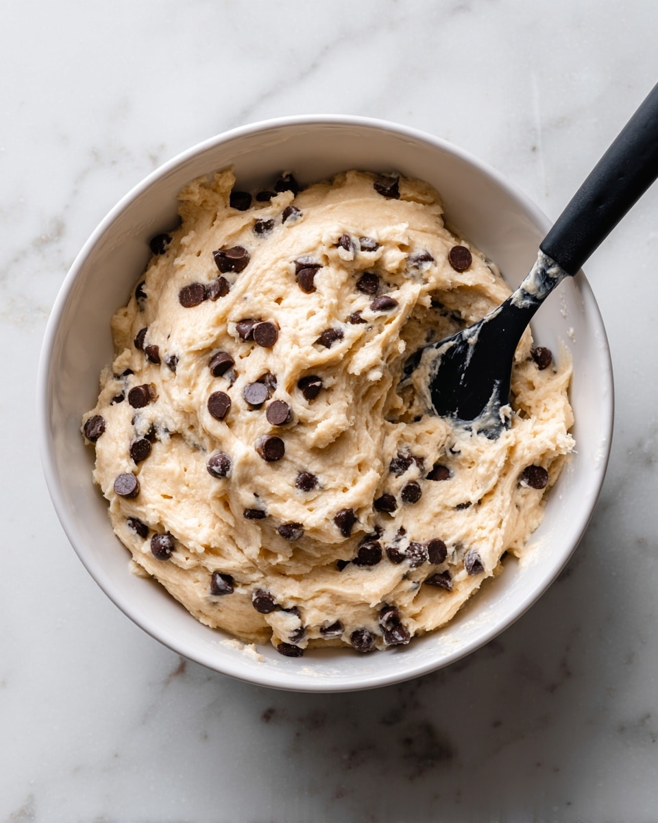 A round white bowl filled with thick, lumpy cookie dough that has visible dark chocolate chunks and soft banana pieces mixed throughout. Next to the bowl is a black spatula with some cookie dough on it, resting on a white marbled surface. The dough looks creamy with small bits of chocolate and fruit scattered within the mixture. photo taken with an iphone --ar 4:5 --v 7