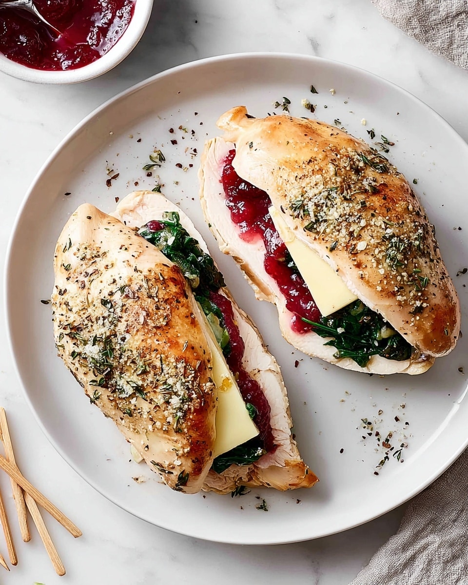 The image shows a white plate with five slices of cooked chicken arranged in a loose semicircle on a white marbled surface. Each chicken slice has a golden-brown grilled outer layer, a juicy pink and white inside, and is topped with melted cheese, chopped spinach leaves, and bits of red sauce or seasoning. To the right side of the plate, a fork with a wooden handle is holding one piece of chicken, with a knife resting beside it. A small bowl with ground black pepper is partially visible in the top left corner. The scene has a clean and fresh look with simple plating. photo taken with an iphone --ar 4:5 --v 7