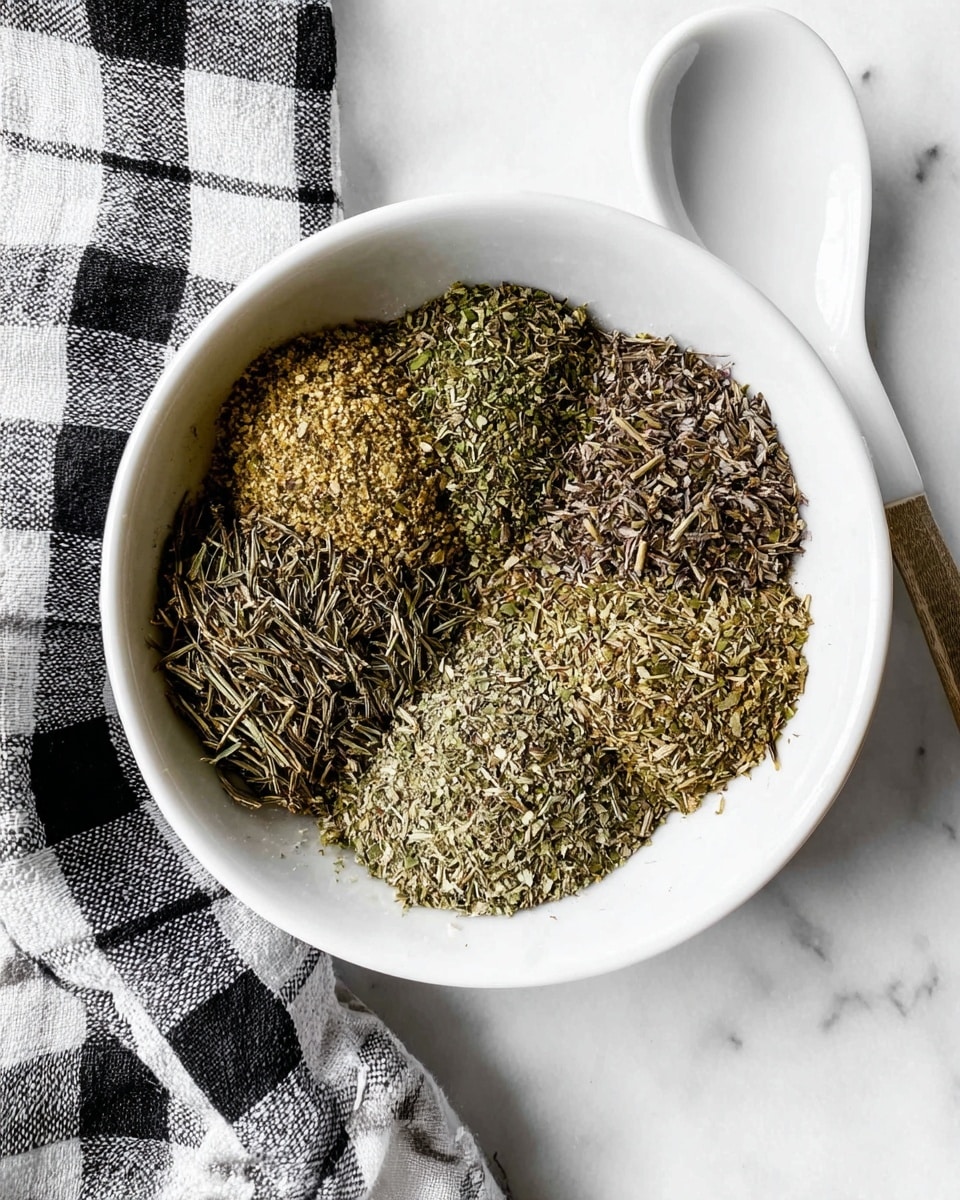 A white bowl sits on a white marbled surface, filled with six different dried herbs arranged in separate piles, each with distinct colors and textures: top center shows long, thin, light green rosemary leaves; top left has a dark green, finely ground herb; top right contains small, light green flakes; bottom right features thin, brown, twig-like pieces; bottom center holds yellow-green flakes; bottom left shows brownish dried leaves. A white spoon lies nearby next to a black and white checkered cloth, with part of a glass jar and another bowl visible at the top. Photo taken with an iphone --ar 4:5 --v 7