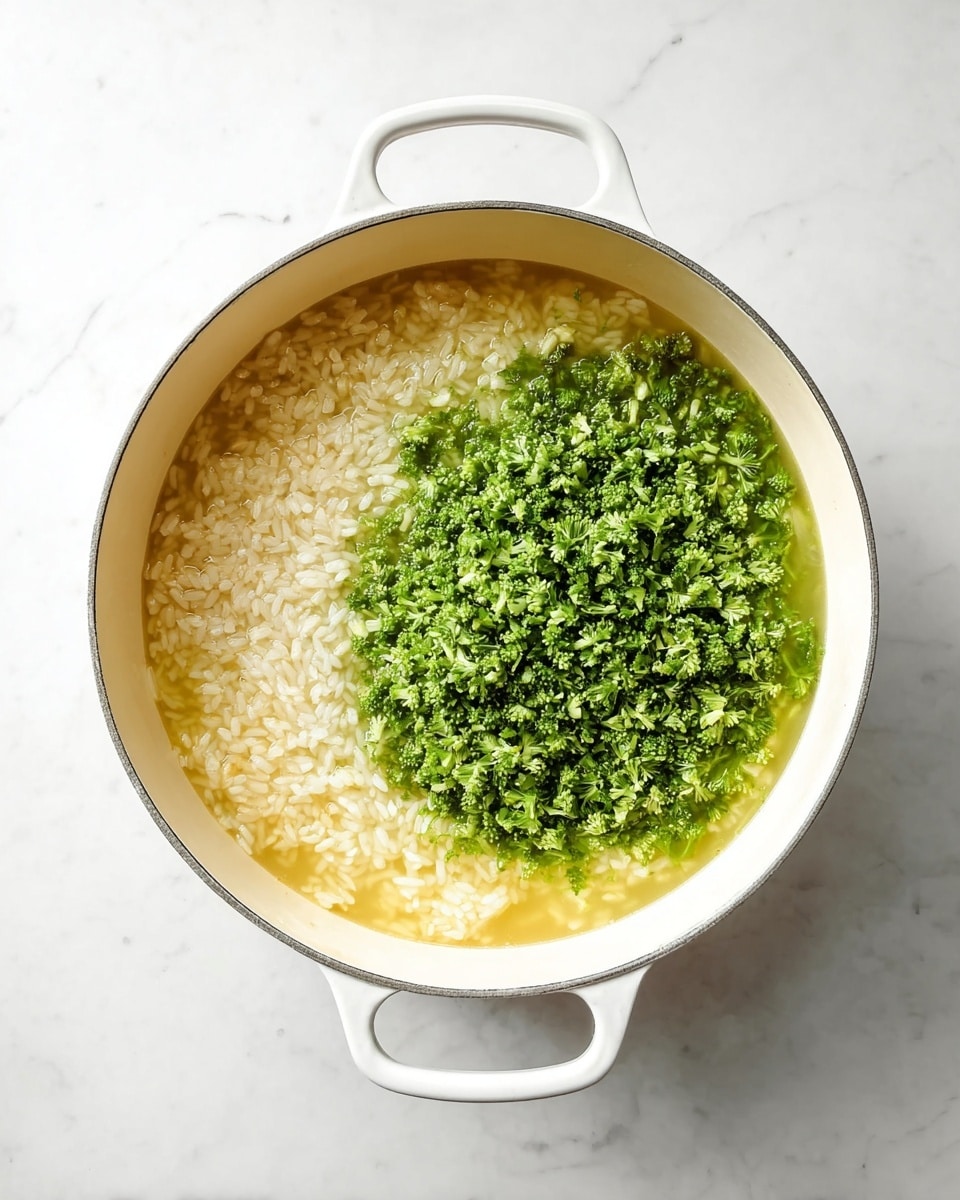 A white pot with two handles sits on a white marbled surface, filled with two main layers inside; the bottom layer is soft, white rice soaking in a light yellow broth, showing a smooth and slightly wet texture, while the top layer, placed in the right half of the pot, is a heap of finely chopped bright green broccoli with a fresh and rough texture. Photo taken with an iphone --ar 4:5 --v 7